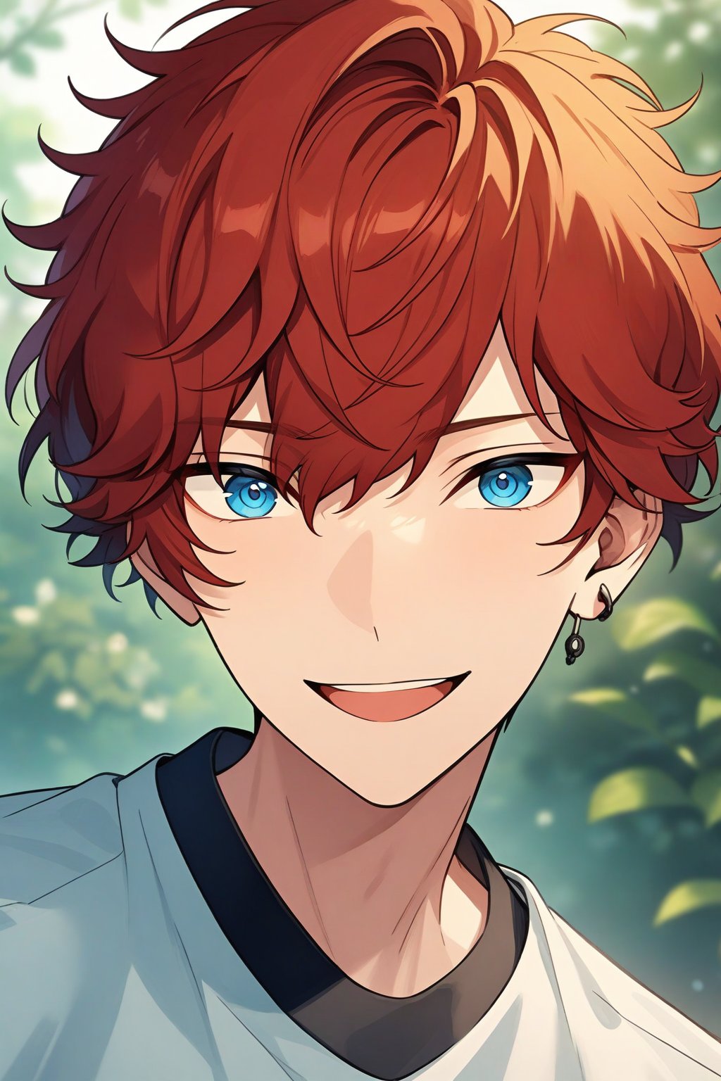 masterpiece, best quality, very aesthetic, absurdres, very detailed, ((1boy, solo, male only, male focus, upper body, portrait)), (amagi_hiiro, red hair, blue eyes, short hair, hair between eyes, bangs, earring on left ear), head, face, beautiful face, bishounen, happy, excited, gym uniform, looking at viewer, facing viewer, outdoors,