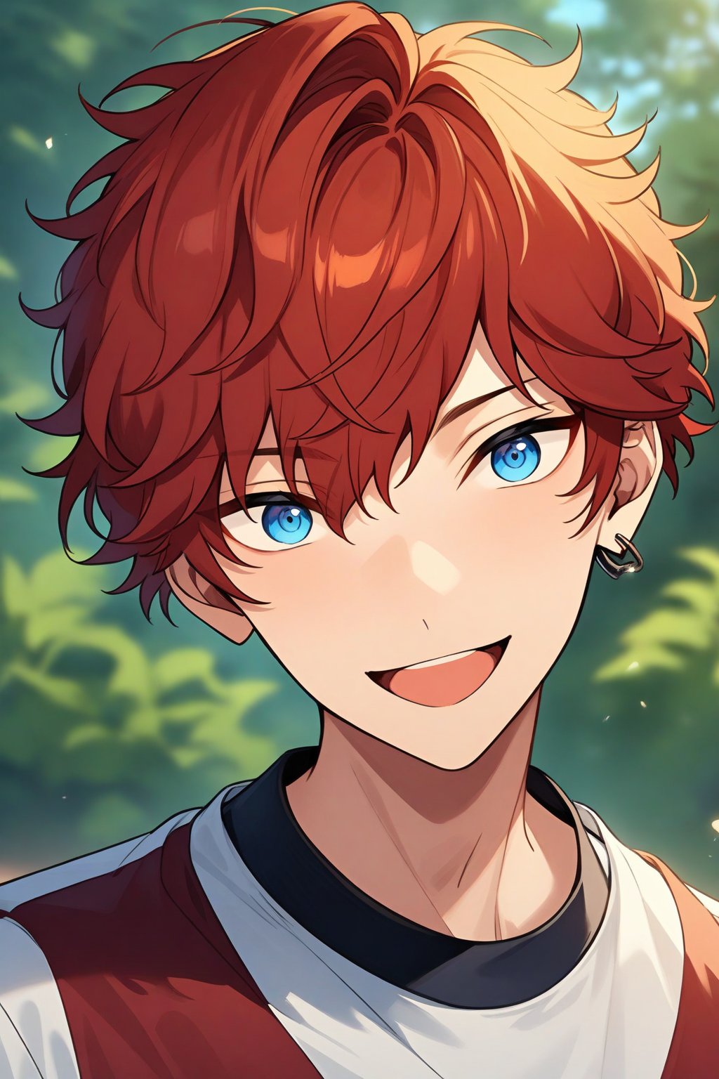 masterpiece, best quality, very aesthetic, absurdres, very detailed, ((1boy, solo, male only, male focus, upper body, portrait)), (amagi_hiiro, red hair, blue eyes, short hair, hair between eyes, bangs, earring on left ear), head, face, beautiful face, bishounen, happy, excited, gym uniform, looking at viewer, facing viewer, outdoors,