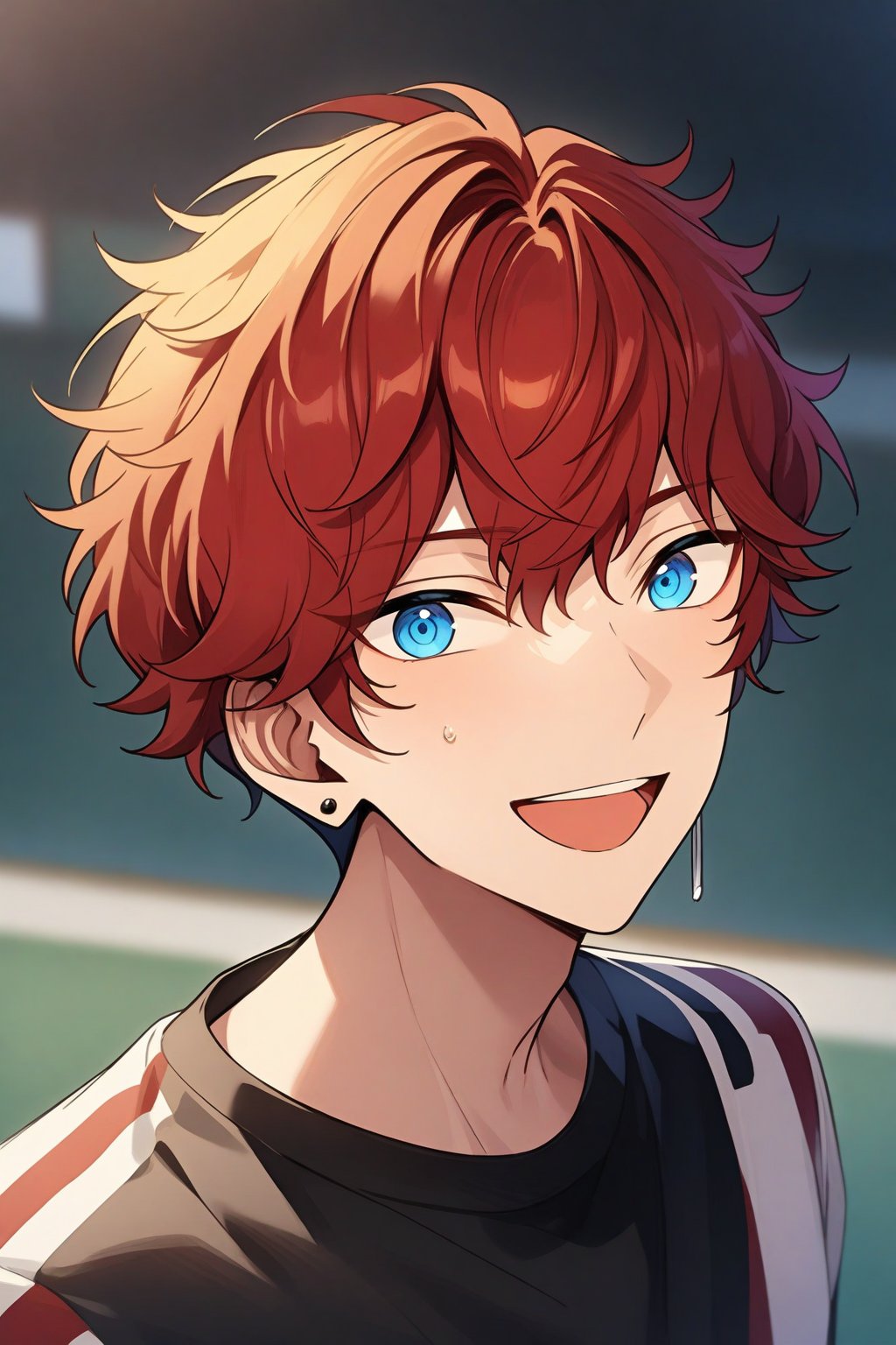 masterpiece, best quality, very aesthetic, absurdres, very detailed, ((1boy, solo, male only, male focus, upper body, portrait)), (amagi_hiiro, red hair, blue eyes, short hair, hair between eyes, bangs, earring on left ear), head, face, beautiful face, bishounen, happy, excited, gym uniform, looking at viewer, facing viewer, outdoors,