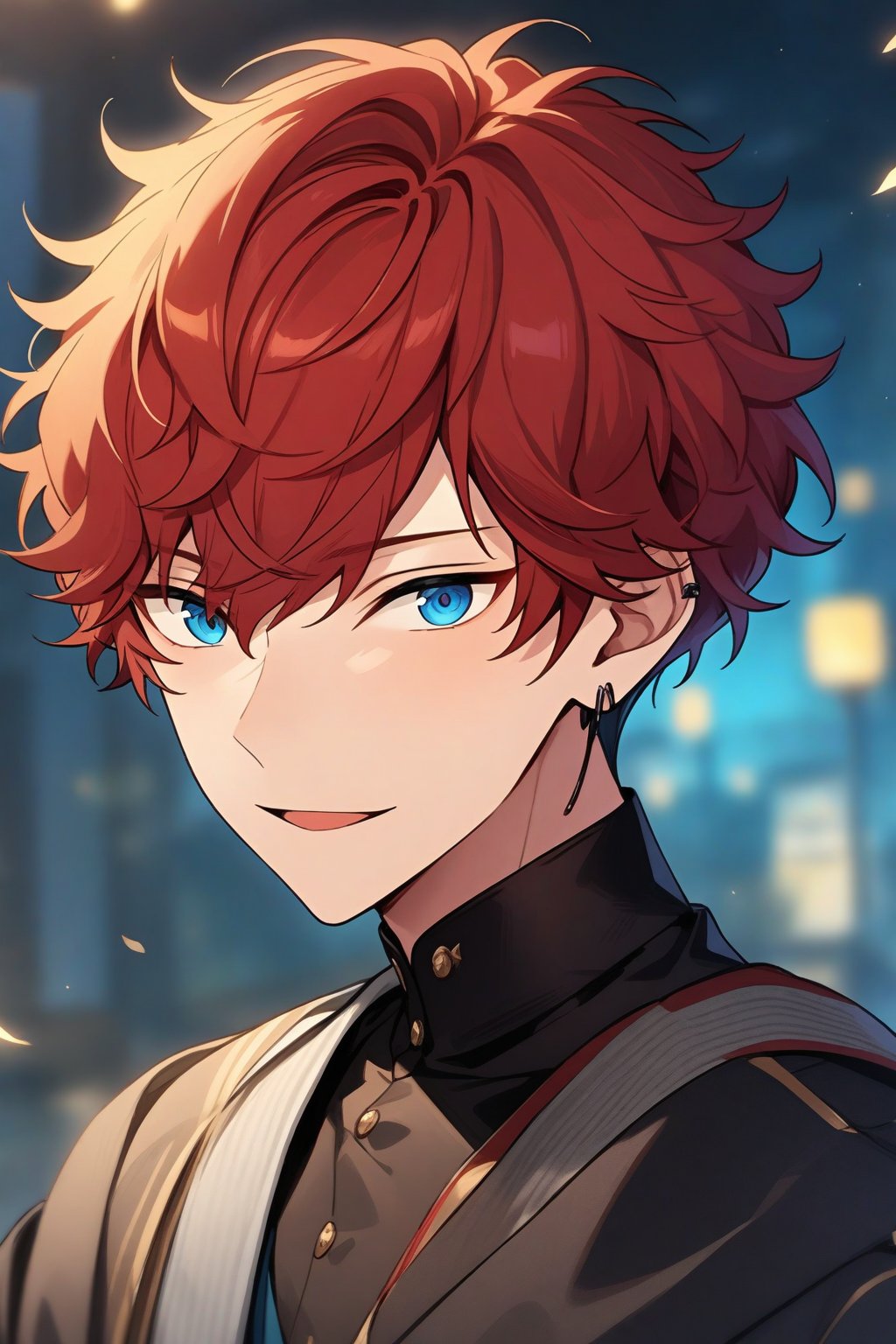 masterpiece, best quality, very aesthetic, absurdres, very detailed, ((1boy, solo, male only, male focus, upper body, portrait)), (amagi_hiiro, red hair, blue eyes, short hair, hair between eyes, bangs, earring on left ear), head, face, beautiful face, bishounen, happy, outdoors, Yumenosaki school uniform 