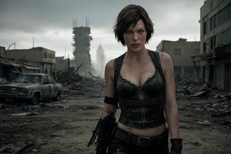 hyperrealistic photo of Milla Jovovich as Alice in "Resident Evil", with an action look, carrying two guns and with an expression of determination and focus. She is in a desolate and post-apocalyptic environment, with remnants of a destroyed city in the background. 