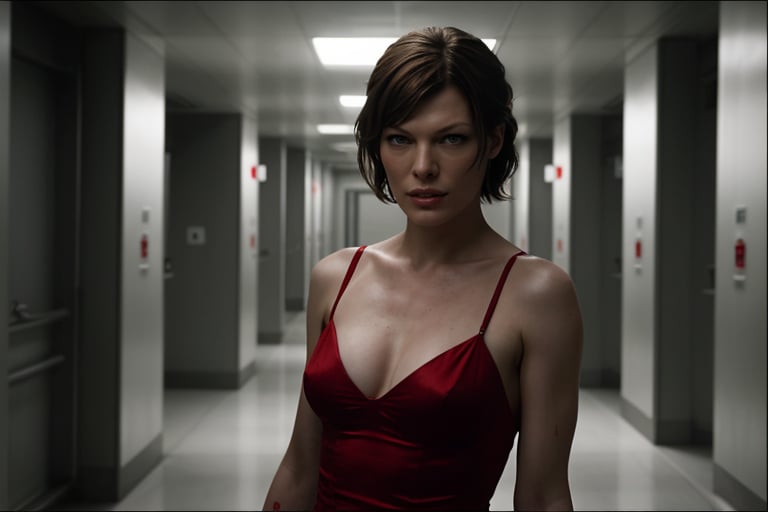 hyperrealistic photo of Milla Jovovich as Alice in “Resident Evil”, wearing the iconic red dress with thin straps, with an expression of determination and danger, on the fully white corridors of the “Umbrella Corporation” laboratory. cinematic style