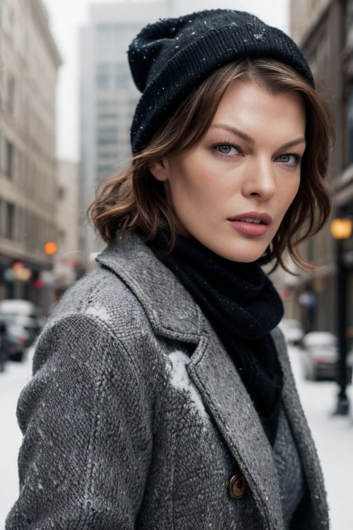 Realistic portrait of Milla Jovovich woman, dressed in stylish winter fashion. She is wearing a thick, elegant wool coat, a cozy knitted scarf, and a pair of leather boots. Her outfit is completed with a warm beanie and gloves. The setting is a snowy city street, with soft winter light casting gentle shadows. She looks poised and fashionable, exuding a chic, winter vibe.(realistic skin textures), (extremely clear image, UHD, resembling realistic professional photographs, film grain)