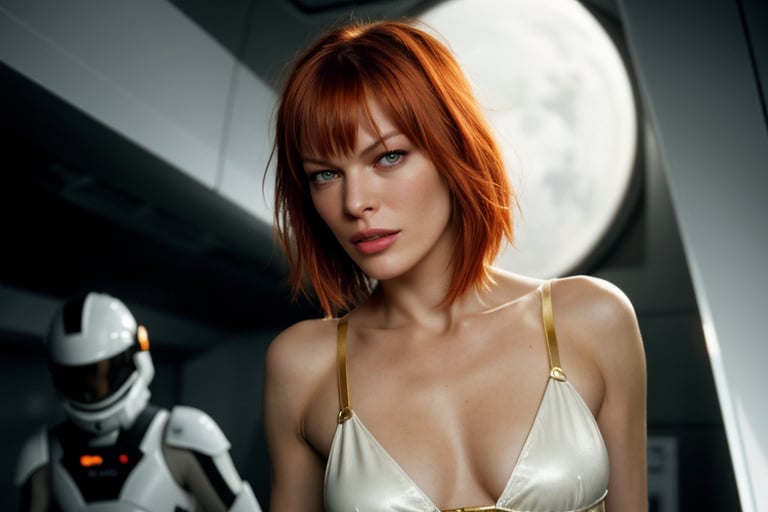 hyperrealistic photo of Milla Jovovich as Leeloo, with short and choppy orange hair. Her eyes are large and dark, with makeup that enhances her gaze. She is wearing a white suit with gold details, like a type of space protection suit. Her body is slender and athletic, with a slender and lean appearance. The image should have a cinematic style, capturing the essence of the movie and the unique look of Leeloo.