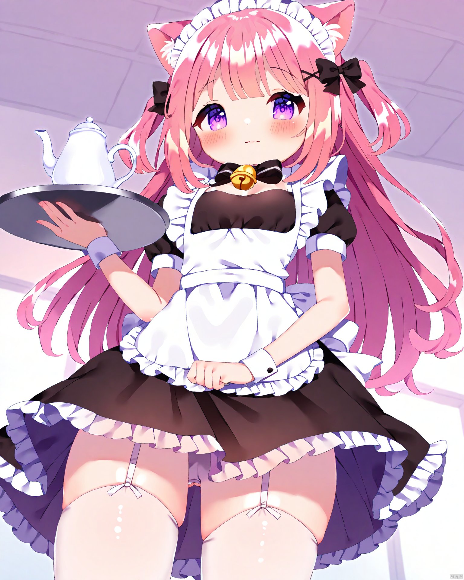 Best-A,(masterpiece),(bestquality), Best-A,miwachi_\(38mofu\),1girl, absurdres, animal_ears, apron, bell, black_bow, black_bowtie, black_dress, blunt_bangs, blush, bow, bowtie, cat_ears, cat_girl, cat_tail, closed_mouth, cowboy_shot, cup, dress, frilled_dress, frills, from_below, garter_straps, hair_bow, hair_ornament, hair_over_shoulder, highres, holding, holding_tray, indoors, long_hair, looking_at_viewer, looking_down, maid, maid_apron, maid_day, maid_headdress, miwachi_\(38mofu\), neck_bell, original, pink_hair, purple_eyes, short_dress, short_sleeves, skirt_hold, solo, tail, tail_bow, tail_ornament, tail_raised, teacup, teapot, thighhighs, tray, two_side_up, white_thighhighs, wrist_cuffs, x_hair_ornament, zettai_ryouiki, ||/