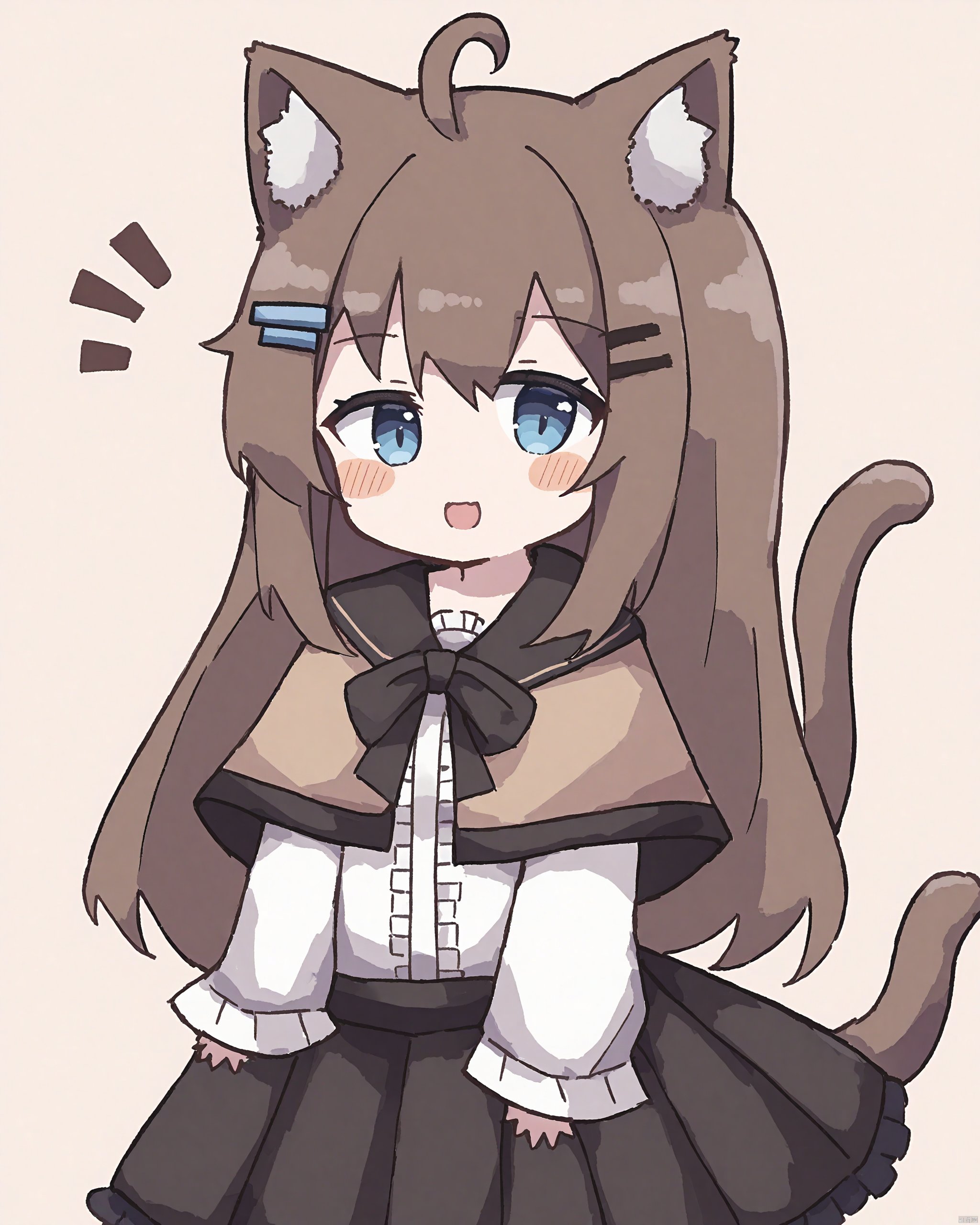 Medium-B,colon_br,1girl, absurdres, ahoge, animal_ear_fluff, animal_ears, black_skirt, blue_eyes, blush_stickers, brown_background, brown_capelet, brown_hair, capelet, cat_ears, cat_girl, cat_tail, center_frills, colon_br, cowboy_shot, dot_nose, frilled_capelet, frilled_shirt, frills, hair_ornament, hairclip, highres, long_bangs, long_hair, long_sleeves, looking_at_viewer, notice_lines, open_mouth, original, pleated_skirt, raised_eyebrows, shirt, sidelocks, simple_background, skirt, sleeves_past_wrists, smile, solo, straight_hair, tail, white_shirt