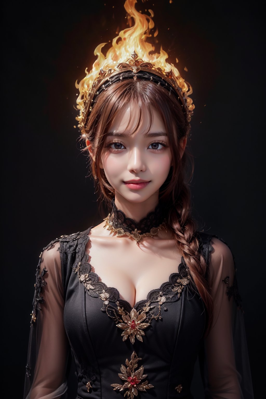 (masterpiece, high quality:1.5), (8K, HDR), masterpiece, best quality, 1girl, solo, Upper Body, black background, FuturEvoLabFlame, 