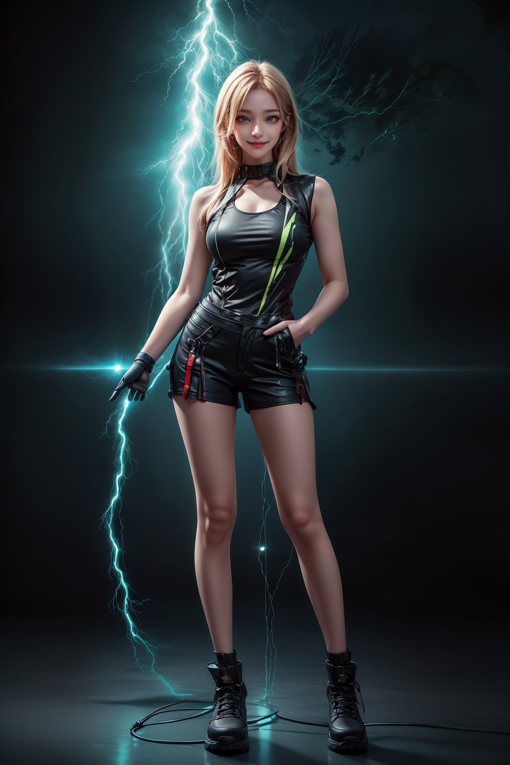 (masterpiece, high quality:1.5), (8K, HDR), masterpiece, best quality, 1girl, solo, full_body, FuturEvoLab style, black background, FuturEvoLab-girl, FuturEvoLabStyle, Thunder Flash, Lightning aura, Lightning 