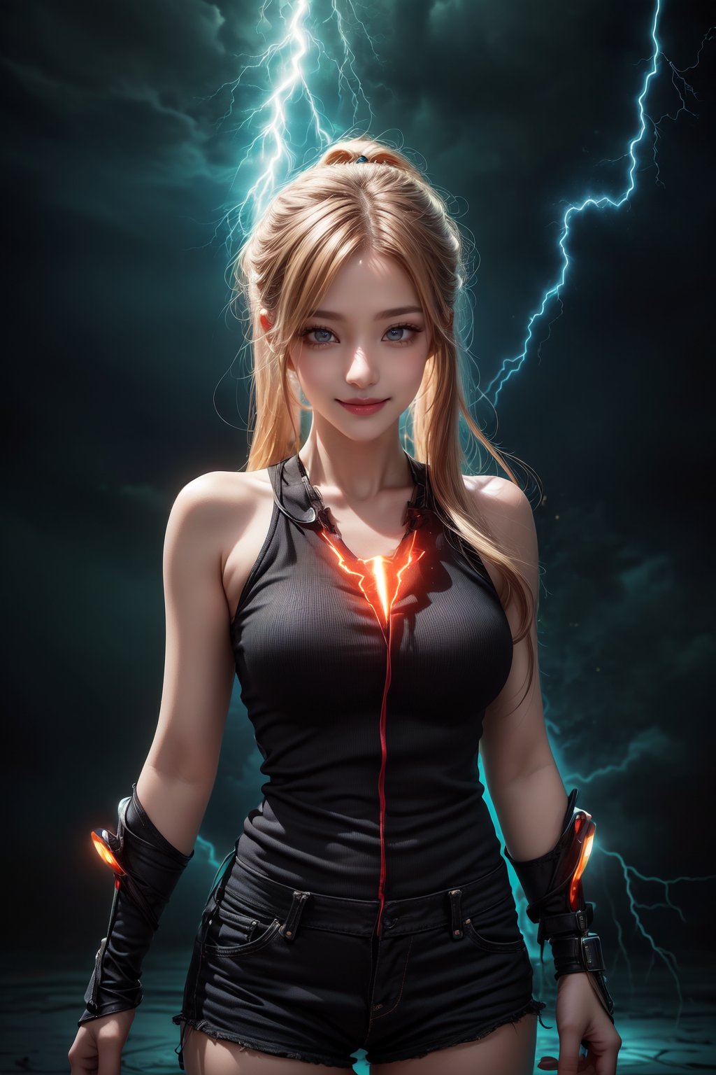 (masterpiece, high quality:1.5), (8K, HDR), masterpiece, best quality, 1girl, solo, upper body, FuturEvoLab style, black background, FuturEvoLab-girl, FuturEvoLabStyle:1.5, Thunder Flash, Lightning aura, Lightning, 