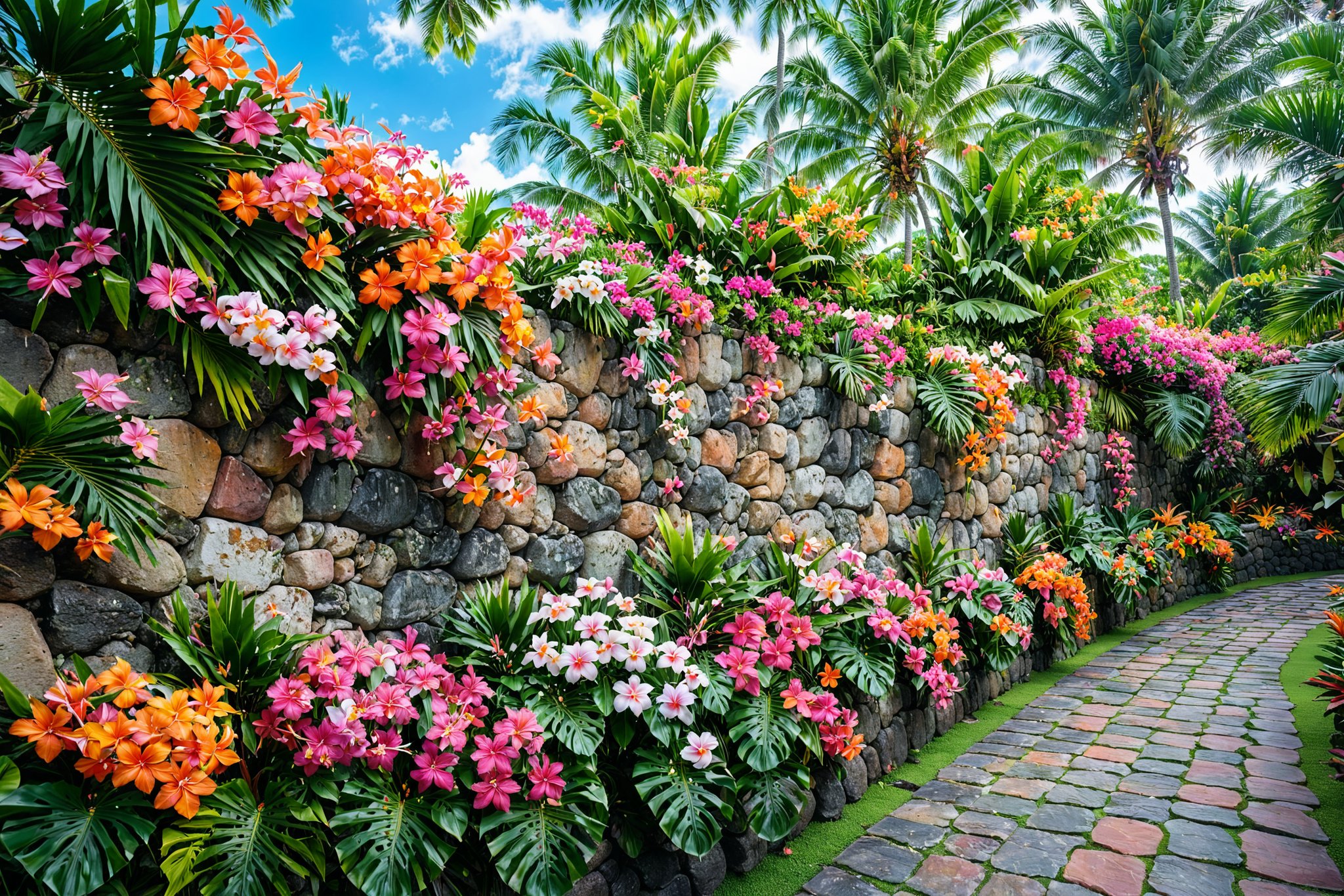 A vibrant tropical setting with a stone wall as the backdrop. The wall is adorned with a myriad of colorful flowers, ranging from pink to orange, with some even hanging down. Above the wall, tall palm trees sway gently, their fronds displaying a lush green hue. The sky is clear, suggesting a bright and sunny day. The entire scene exudes a sense of tranquility and natural beauty.
