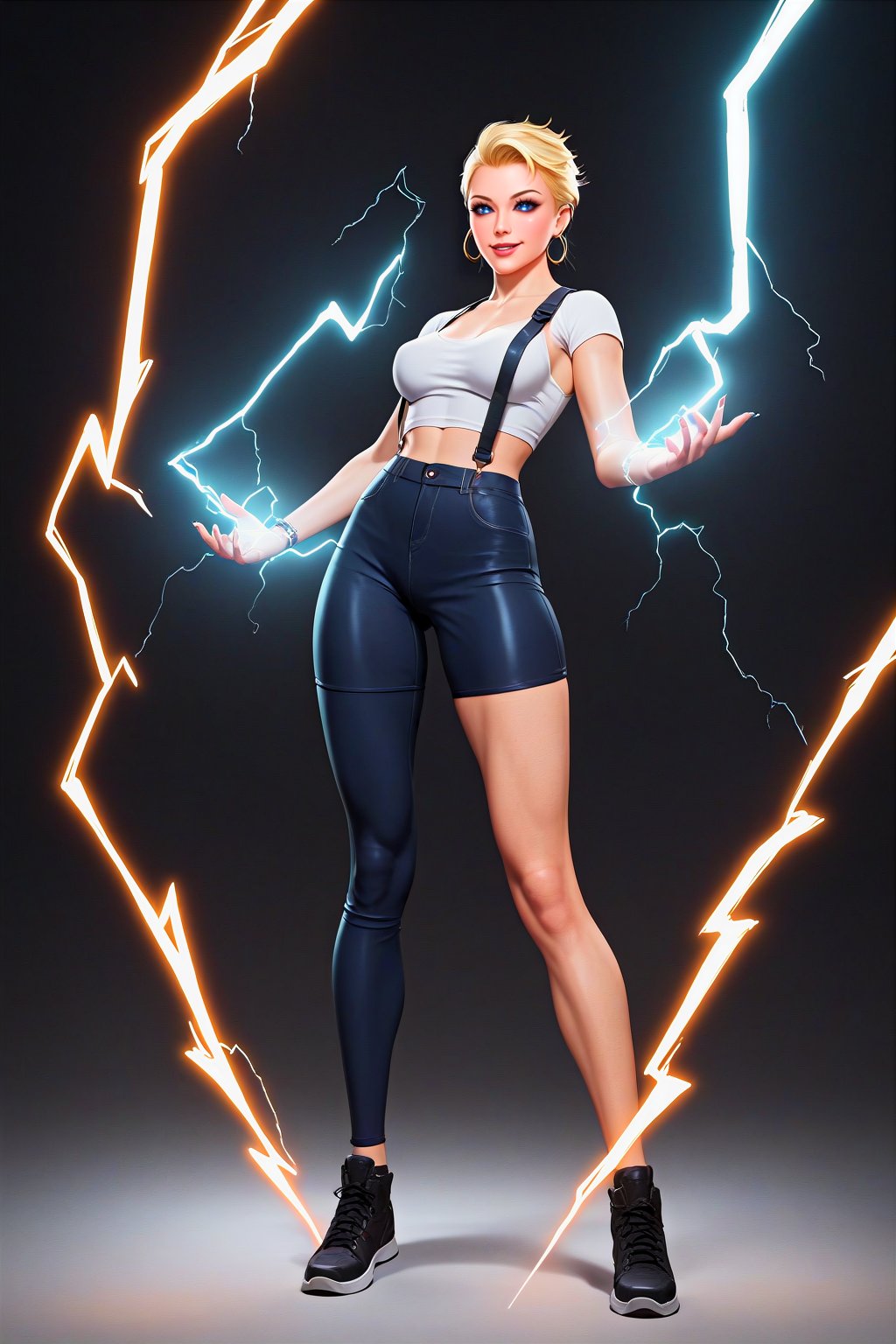 Score_9, Score_8_up, Score_7_up, Score_6_up, Score_5_up, Score_4_up, masterpiece, high quality, 
BREAK
1girl, solo, full_body, FuturEvoLab style, black background, FuturEvoLab-girl, FuturEvoLabLightning, Thunder Flash, Lightning aura, Lightning, 