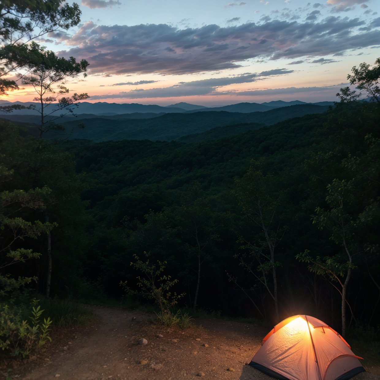 a serene outdoor camping scene, 1 person camping in a forest, tent, campfire, pine trees, starry night sky, mountains in the distance, detailed landscape, warm lighting, photorealistic, cinematic, dramatic, (best quality,4k,8k,highres,masterpiece:1.2),ultra-detailed,(realistic,photorealistic,photo-realistic:1.37),landscape