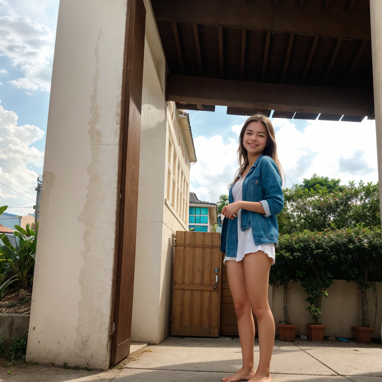 ((masterpiece)),(((bestquality))),((ultra-detailed)),1girl, solo, barefoot, standing, building, smile, floating hair, dutch angle, closed mouth, looking away, outdoors