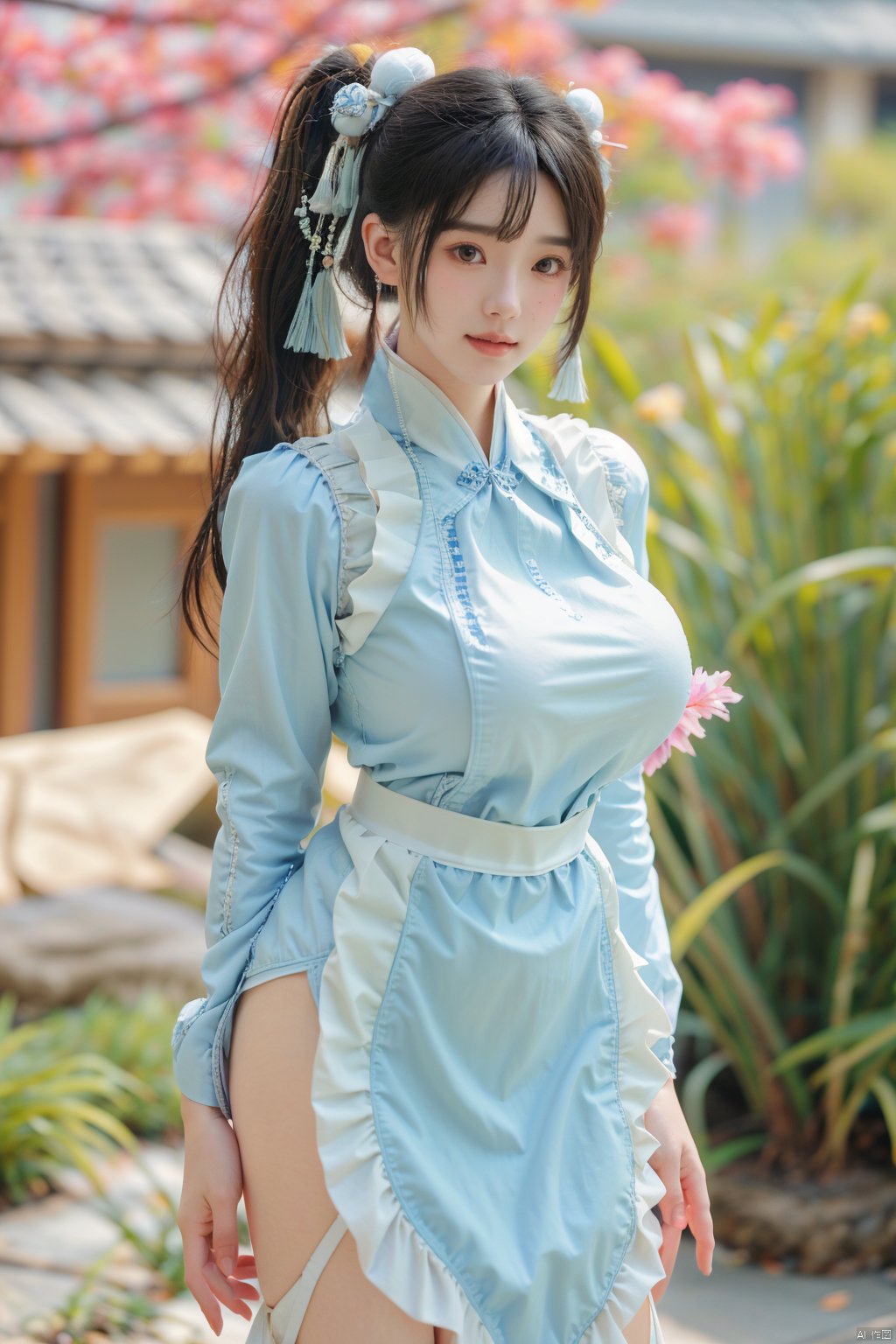 best quality, masterpiece, cowboy_shot,(Good structure),Depth of field,kind smile,looking_at_viewer,Dynamic pose, 
 Surrealism Dream Style,RAW photo,1girl,solo,black hair,ponytail,looking at viewer,long hair,up,lips,sash,hair ornament,realistic,wide sleeves,hanfu,long dress,Semi transparent gauze skirt,surrealist,Best quality,masterpiece,ultra high res,Petal skirt,wind,flowers,bloom,Clouds,1 girl,(big breasts:1.59)