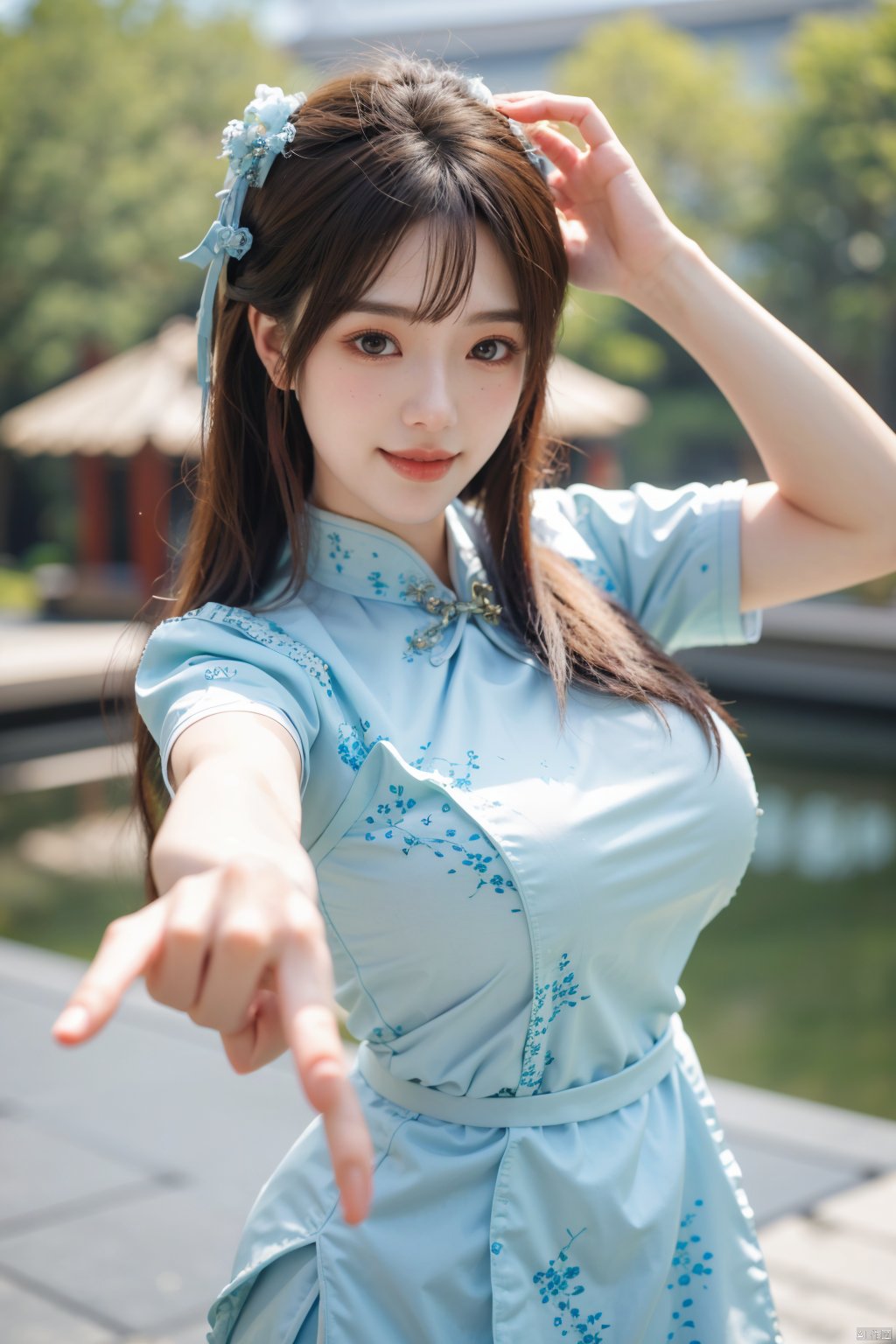 best quality, masterpiece,Depth of field,kind smile,looking_at_viewer,Dynamic pose,RAW photo,1girl,Xcheongsam,(big breasts:1.39),