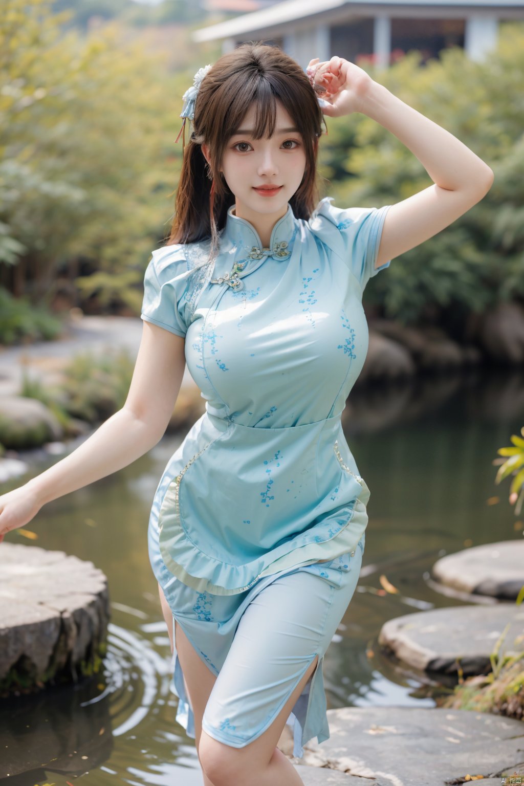 best quality, masterpiece,Depth of field,kind smile,looking_at_viewer,Dynamic pose,RAW photo,1girl,Xcheongsam,(big breasts:1.29),