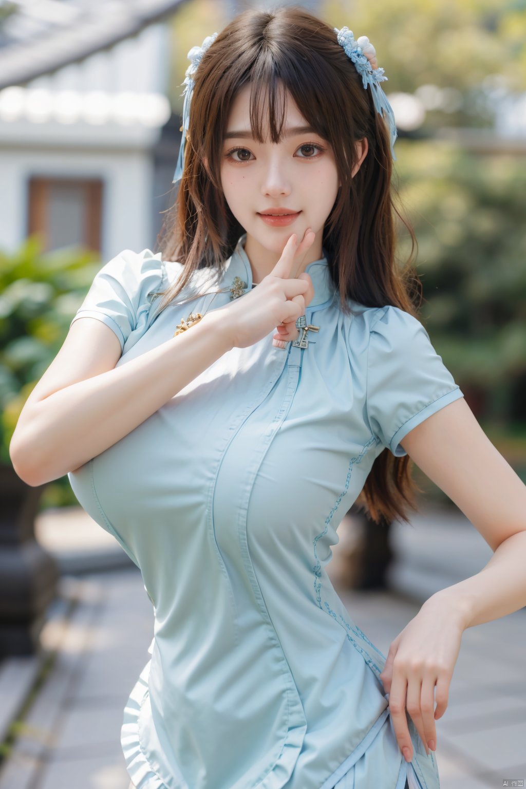 best quality, masterpiece,Depth of field,kind smile,looking_at_viewer,Dynamic pose,RAW photo,1girl,Xcheongsam,(big breasts:1.29),