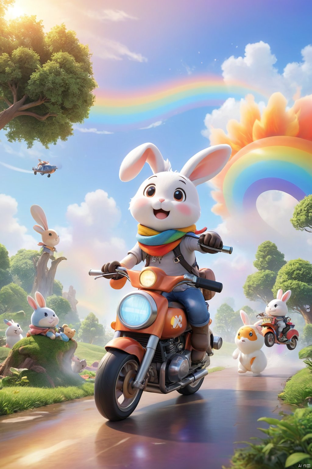  professional 3d model,anime artwork pixar,3d style,good shine,OC rendering,highly detailed,volumetric,dramatic lighting,furry,cute,(a bunny riding a motorcycle:1.1),rabbit,solo,(motor vehicle:1.2),riding,scarf,running on the rainbow,tree,extreme perspective,looking up at the camera,rainbow,fire spray,speed,humorous,beautiful colorful background,very beautiful,masterpiece,best quality,super detail,anime style,key visual,vibrant,studio anime