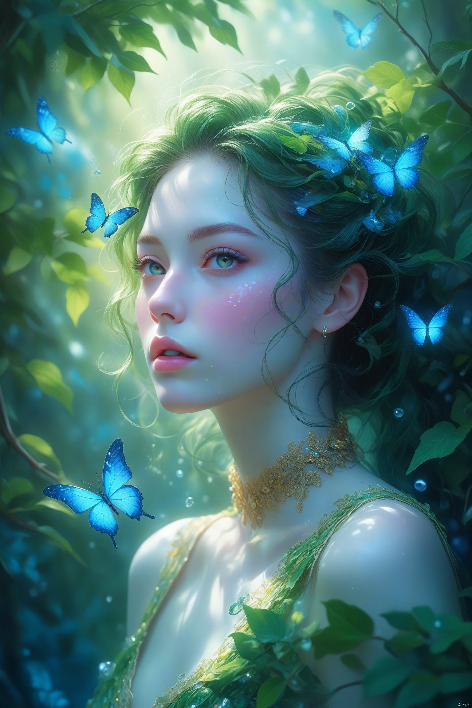  portrait of a beautiful 21yo hubggirl, seductive, shadow,long swirling green hair, lavish green leaves, falling blue flowers, celestial lighting, butterflies, tree branches, sky, golden glowing, water drops,best quality, masterpiece, high res, absurd res,perfect lighting, vibrant colors, intricate details,high detailed skin, pale skin,