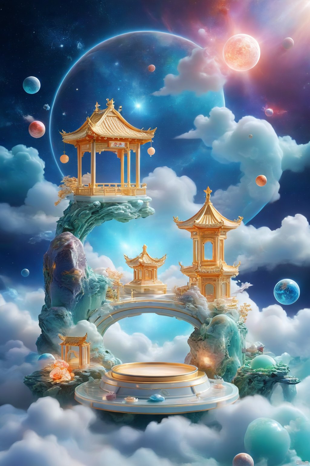 professional 3d model,anime artwork pixar,3d style,good shine,OC rendering,highly detailed,volumetric,dramatic lighting,3d\(hubgstyle)\,
HUBG_Chinese_Jade,
a round podium on the ground in the middle,clouds,starry sky,planets in the sky,glowing beam in the background,beautiful colorful background,very beautiful,masterpiece,best quality,super detail,anime style,key visual,vibrant,studio anime, 