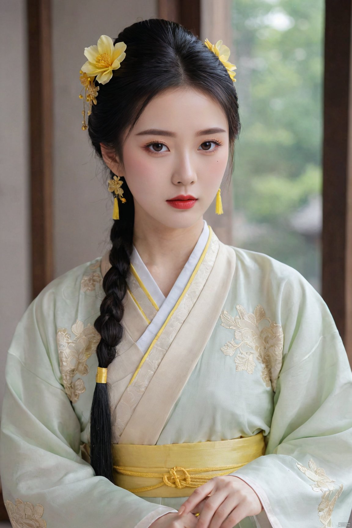 a woman dressed in a traditional Hanfu, She has a dark updo hairstyle adorned with a yellow flower accessory and a tassel, Her makeup is subtle, with emphasis on her eyes and lips, She wears a light-colored Hanfu with intricate embroidery and patterns, The fabric appears to be of high quality, with a sheen that suggests it might be silk or a similar material,