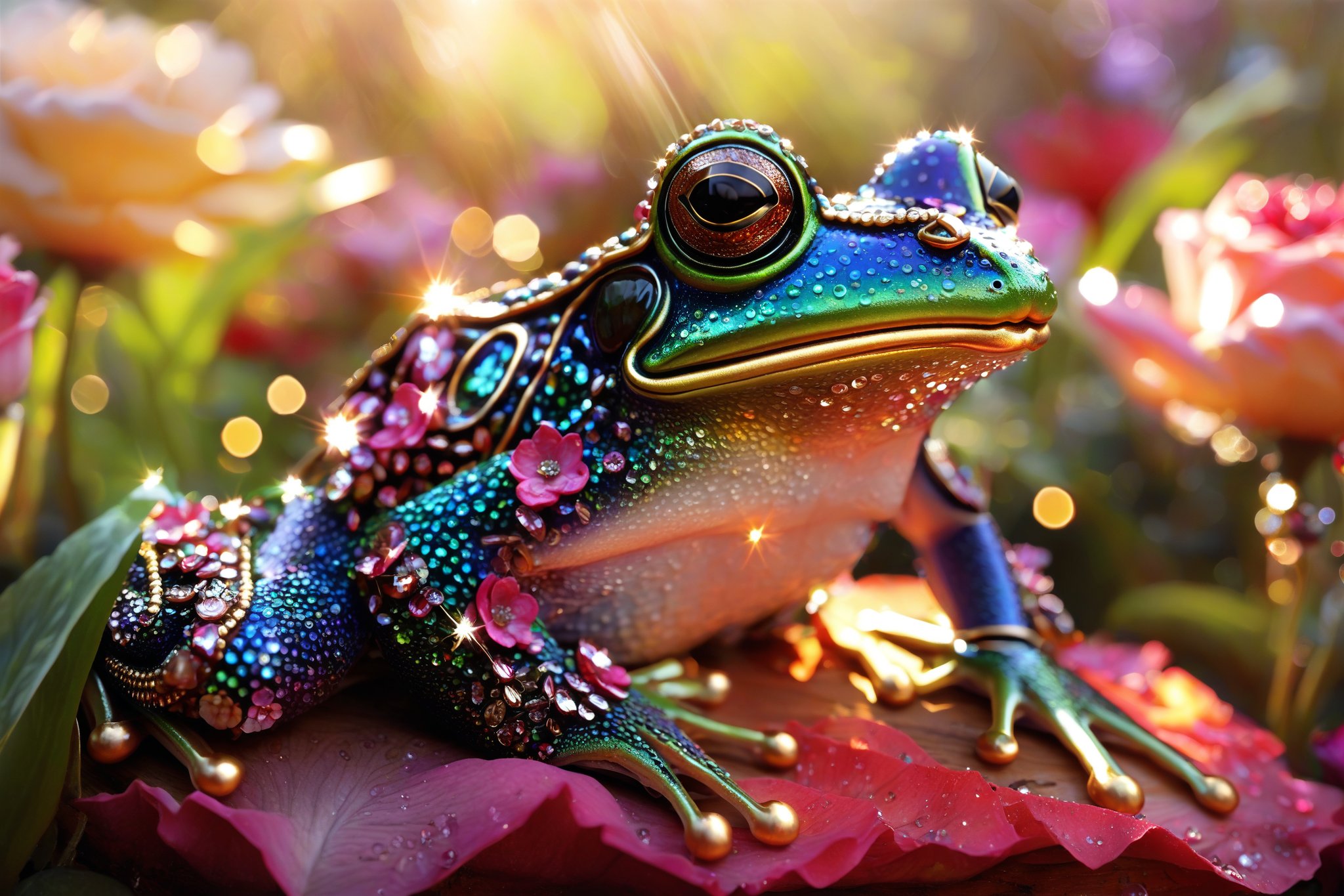 A vibrant and intricately designed frog. It's adorned with shimmering gems and beads, giving it a jewel-like appearance. The frog is perched on a wooden surface amidst a backdrop of blurred flowers, possibly roses, with sunlight filtering through, creating a bokeh effect. The frog's eyes are large and round, with a captivating shade of black. The overall ambiance of the image is magical and ethereal, with the frog appearing as a central figure amidst nature's beauty.