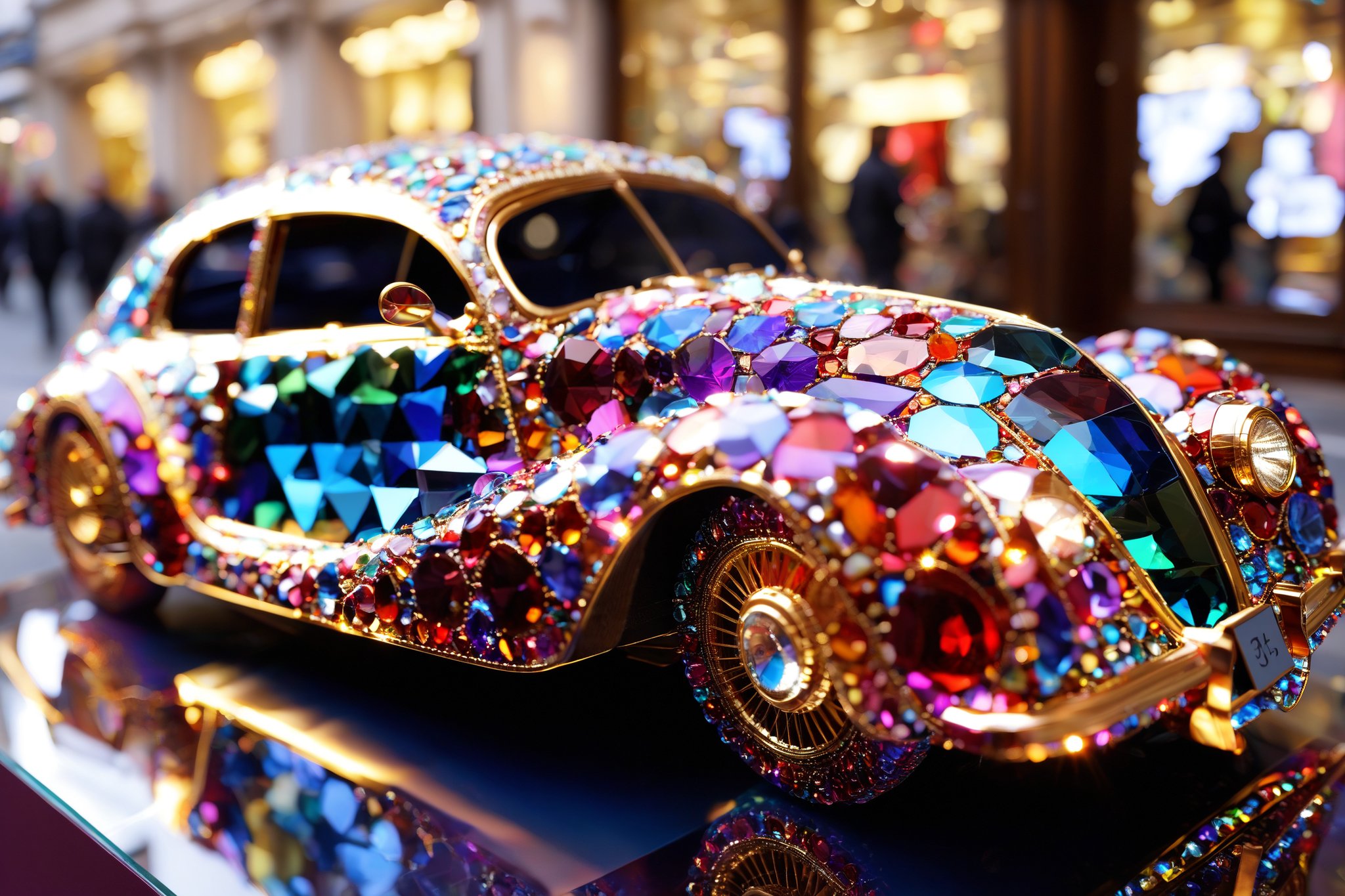 A vibrant and intricately designed car model adorned with a myriad of colorful gemstones and beads. The car is displayed on a reflective surface, possibly glass, with its radiant light reflections adding to its allure. The background is blurred, suggesting a bustling urban setting with lights and possibly shops, hinting at a possible display or exhibition location.