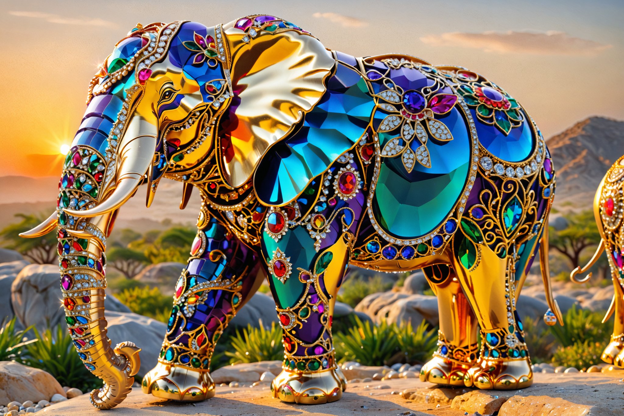 A magnificent elephant adorned with intricate gold and jewelry designs. The elephant stands on rocky terrain, with the sun setting in the background, casting a warm glow. The elephant's body is decorated with shimmering gems, mirrors, and ornate patterns, reflecting a myriad of colors. The jewelry and designs seem to be inspired by a combination of modern art and traditional motifs.