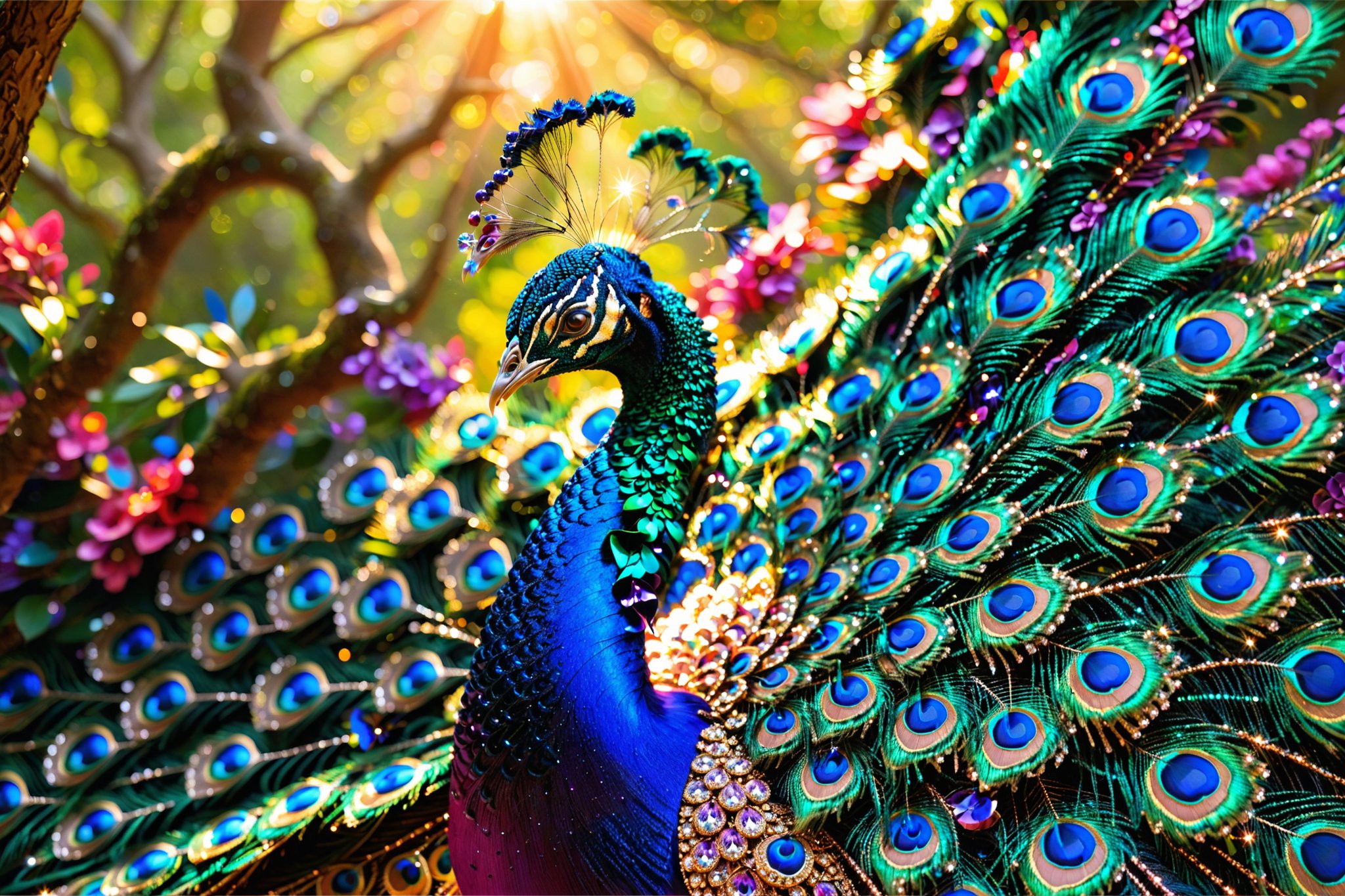 A majestic peacock, intricately adorned with shimmering gems and jewels that cover its body and tail feathers. The peacock stands amidst a vibrant forest setting, with sunlight filtering through the trees, casting a golden hue. The background is filled with lush greenery, and the peacock's tail feathers display a mesmerizing array of colors, from deep blues to radiant purples and greens. The peacock's head is crowned with a unique crest, and its eyes gleam with a mysterious allure.