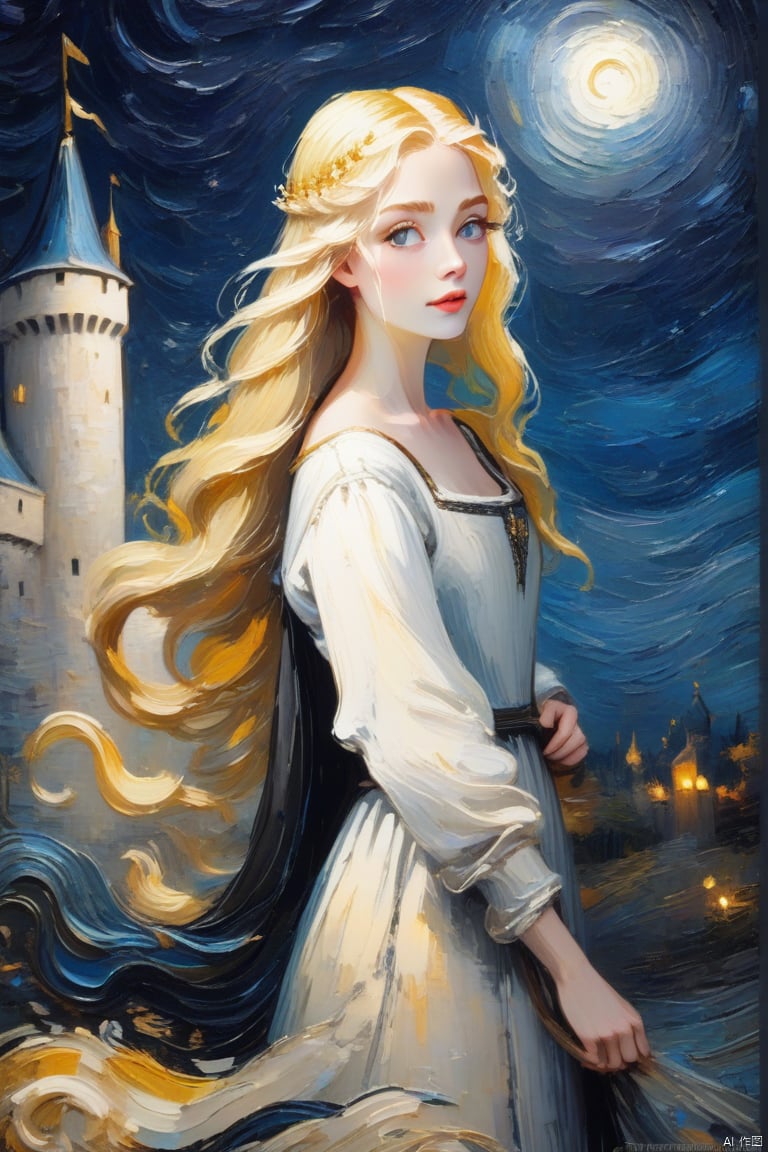  4K, ultra high definition picture quality, movie lighting effect, epic level, oil painting effect, cream texture, a girl, long straight blonde hair,colorful on her head, black and white dress, medieval style, castle, night, moonlight, night, clear facial features, beautiful face, beautiful face,