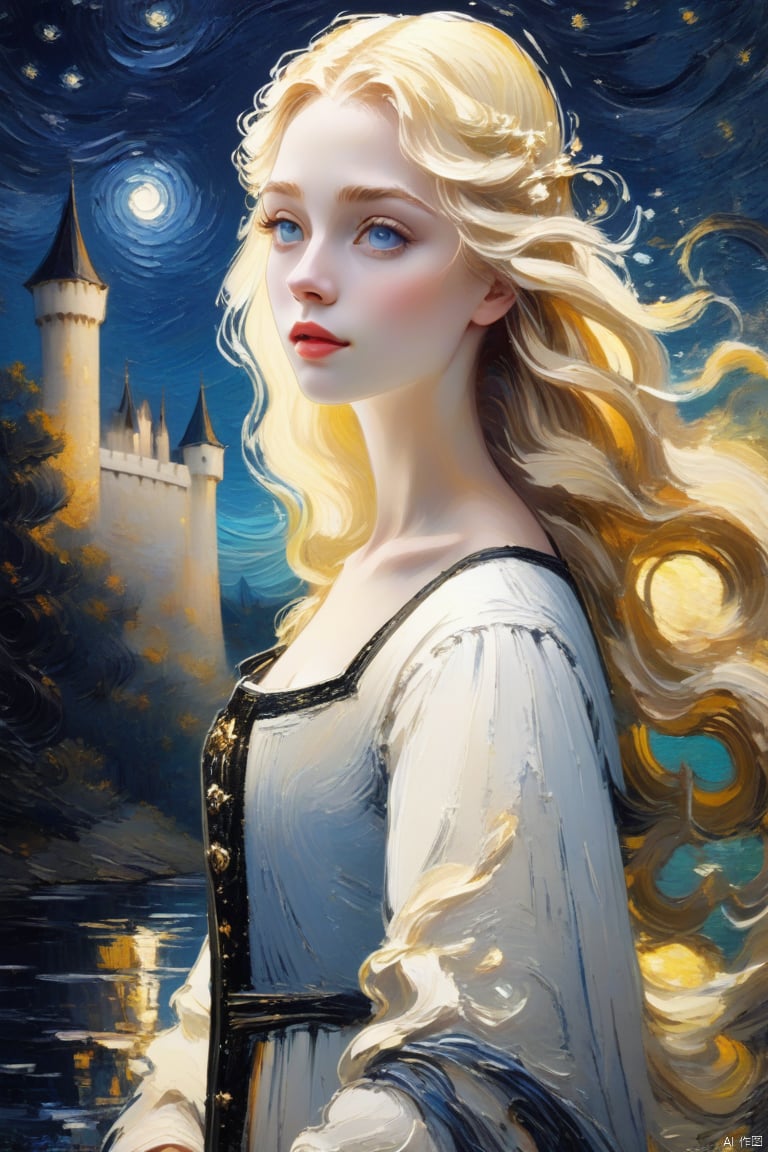  4K, ultra high definition picture quality, movie lighting effect, epic level, oil painting effect, cream texture, a girl, long straight blonde hair,colorful on her head, black and white dress, medieval style, castle, night, moonlight, night, clear facial features, beautiful face, beautiful face,