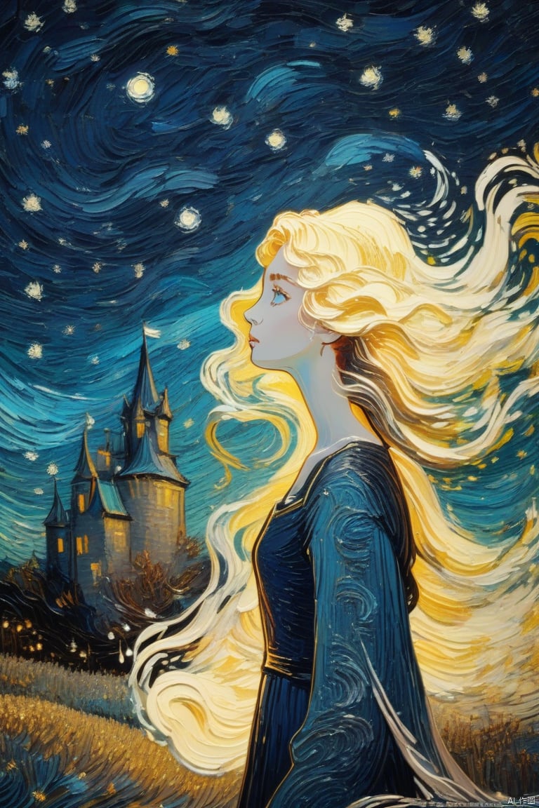 Art by James R. Eads, Swirling and flowing lines to define, drawing inspiration from Van Gogh&#039;s Starry Night. 4K, ultra high definition picture quality, movie lighting effect, epic level, oil painting effect, cream texture, a girl, long straight blonde hair,colorful on her head, black and white dress, medieval style, castle, night, moonlight, night, clear facial features, beautiful face, beautiful face,