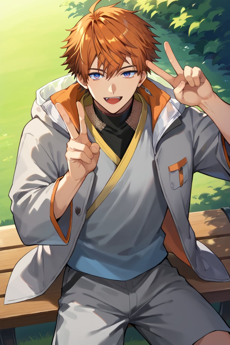 score_9, score_8_up, score_7_up, score_6_up, score_5_up, score_4_up, source_anime, BREAK, 1boy, male focus, kitami_yusei, orange hair, blue eyes, open jacket, grey shorts, looking at viewer, close up, from above, smile, open mouth, grey robe, muscular, hands up, peace sign, park, sitting on bench