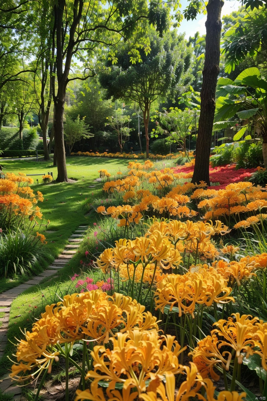 (huahai),(spider lily),(grass),orange flower,((red flower)),yellow flower,tree,forest,day,grass,flower field,HDR,UHD,8K,best quality,masterpiece,Highly detailed,Studio lighting,sharp focus,HDR-based rendering,extreme-description,Beautiful composition,a peaceful atmosphere,advanced sense,Comfortable scale,creative layout,gravel,Rich plant groupings,Richly layered space with plenty of functional space,Best Lighting,