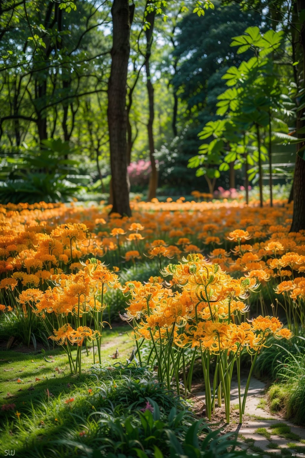 (huahai),(spider lily),(grass),orange flower,((red flower)),yellow flower,tree,forest,day,grass,flower field,HDR,UHD,8K,best quality,masterpiece,Highly detailed,Studio lighting,sharp focus,HDR-based rendering,extreme-description,Beautiful composition,a peaceful atmosphere,advanced sense,Comfortable scale,creative layout,gravel,Rich plant groupings,Richly layered space with plenty of functional space,Best Lighting,