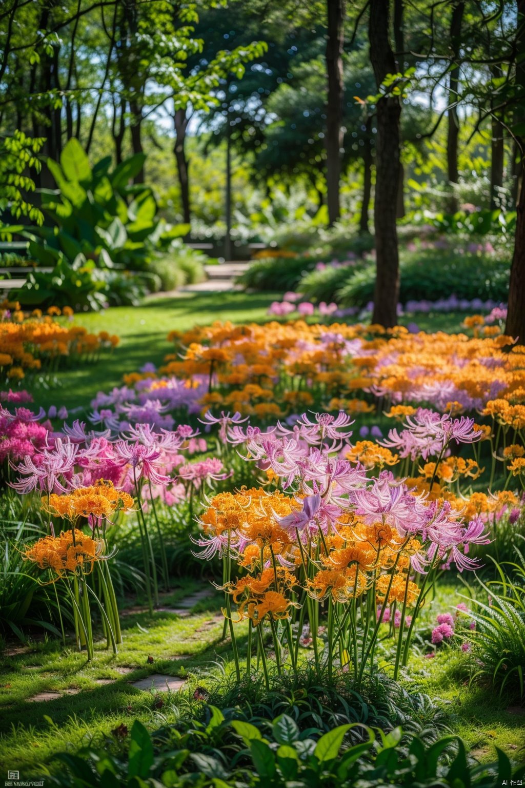 (huahai),(spider lily),(grass),orange flower,purple flower,tree,forest,building,day,grass,flower field,HDR,UHD,8K,best quality,masterpiece,Highly detailed,Studio lighting,sharp focus,HDR-based rendering,extreme-description,Beautiful composition,a peaceful atmosphere,advanced sense,Comfortable scale,creative layout,gravel,Rich plant groupings,Richly layered space with plenty of functional space,Best Lighting,