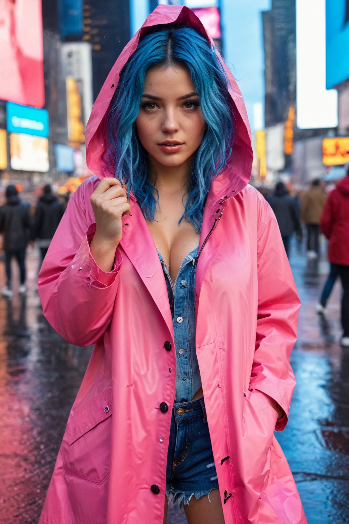 Ultra-high resolution, cinematic lighting,Woman wearing pink raincoat in Times Square,xxmix_girl,more detail XL, blue medium hair, mexican