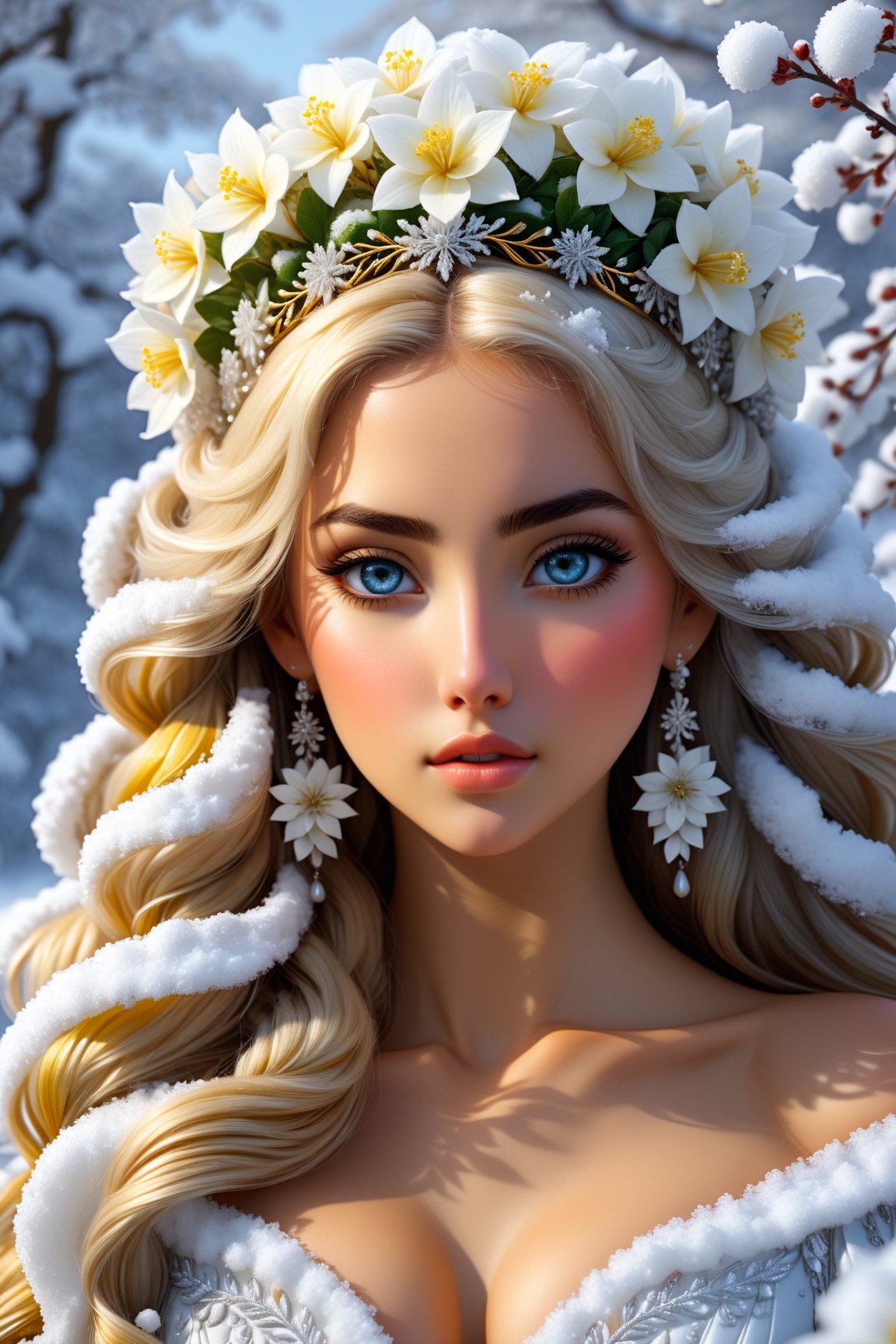 artstudt, (official art, extremely detailed CG unity 8k wallpaper),(1girl:1.3),beautifully detailed eyes, detailed fine nose, detailed fingers, (8k), (best quality), ( masterpiece:1.2), (realistic), ( photorealistic:1.37), extremely detailed 1 snow goddess, surrounded by white flowers and snow, wearing a gorgeous white dress with detailed ornaments on her head, extremely detailed, high quality skirt white hair, long hair, (no animal),Beautiful frost frost yellow winter queen soft Hawaiian flowers hyperdetailed portrait 8k Claude Monet
