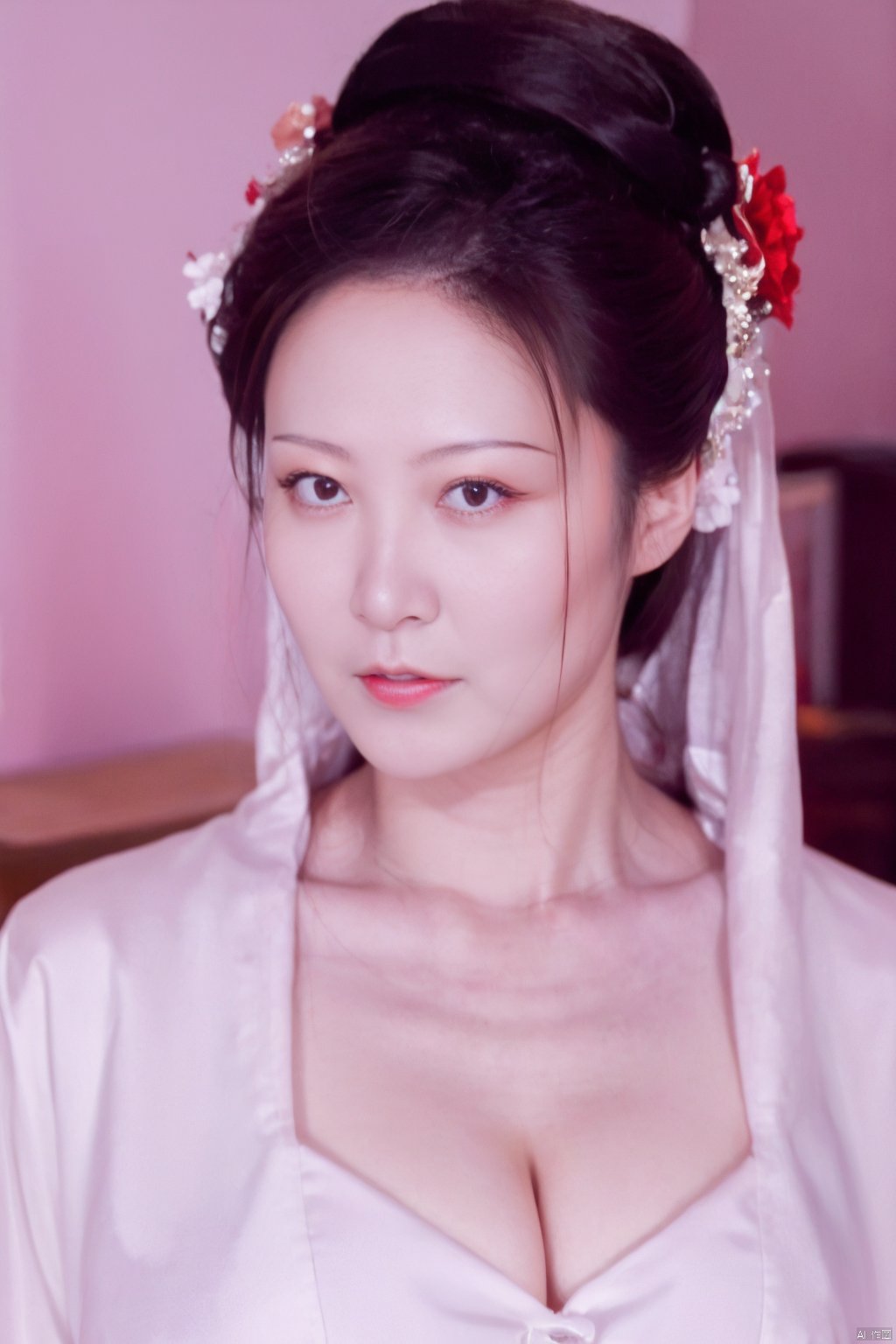 50mm film, one pretty girl, solo, updo, prefect face, makeup,  big tits, cleavage, hanfu