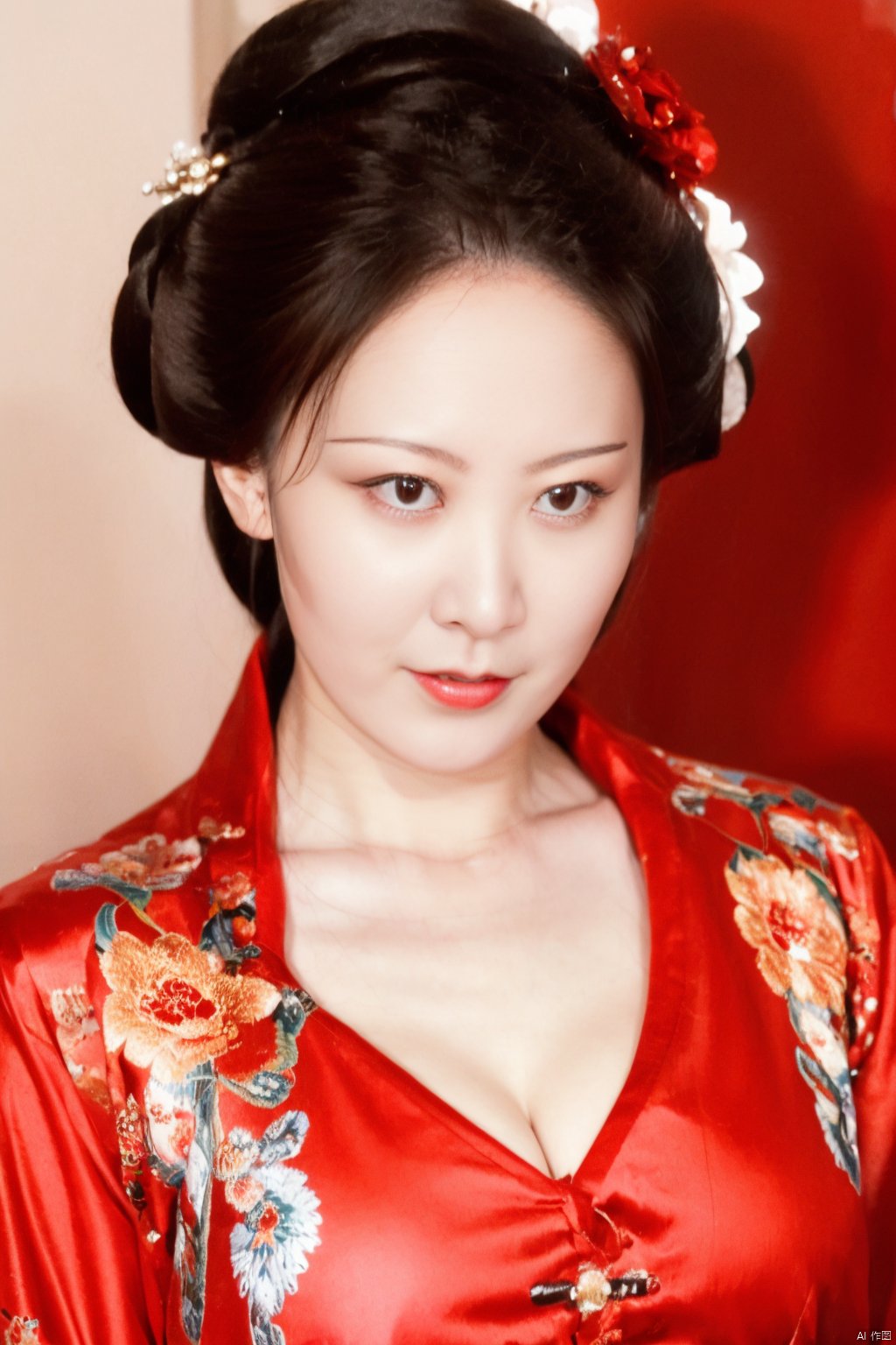 50mm film, one pretty girl, solo, updo, prefect face, makeup,  big tits, cleavage, hanfu