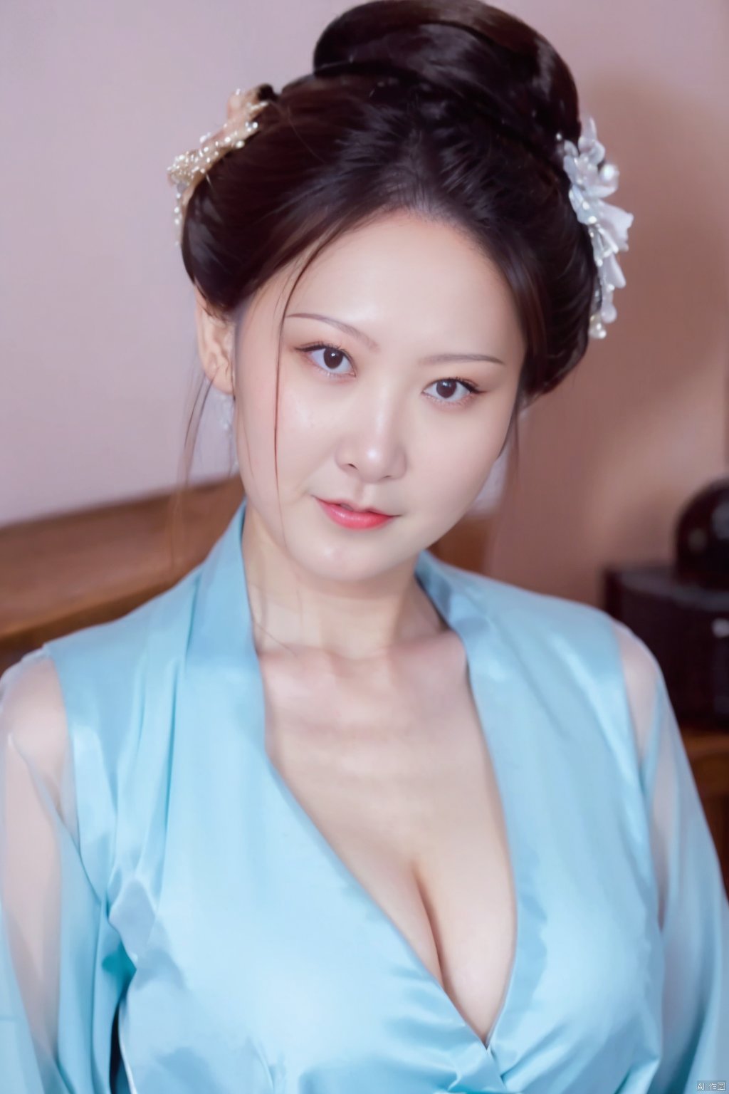 50mm film, one pretty girl, solo, updo, prefect face, makeup,  big tits, cleavage, hanfu