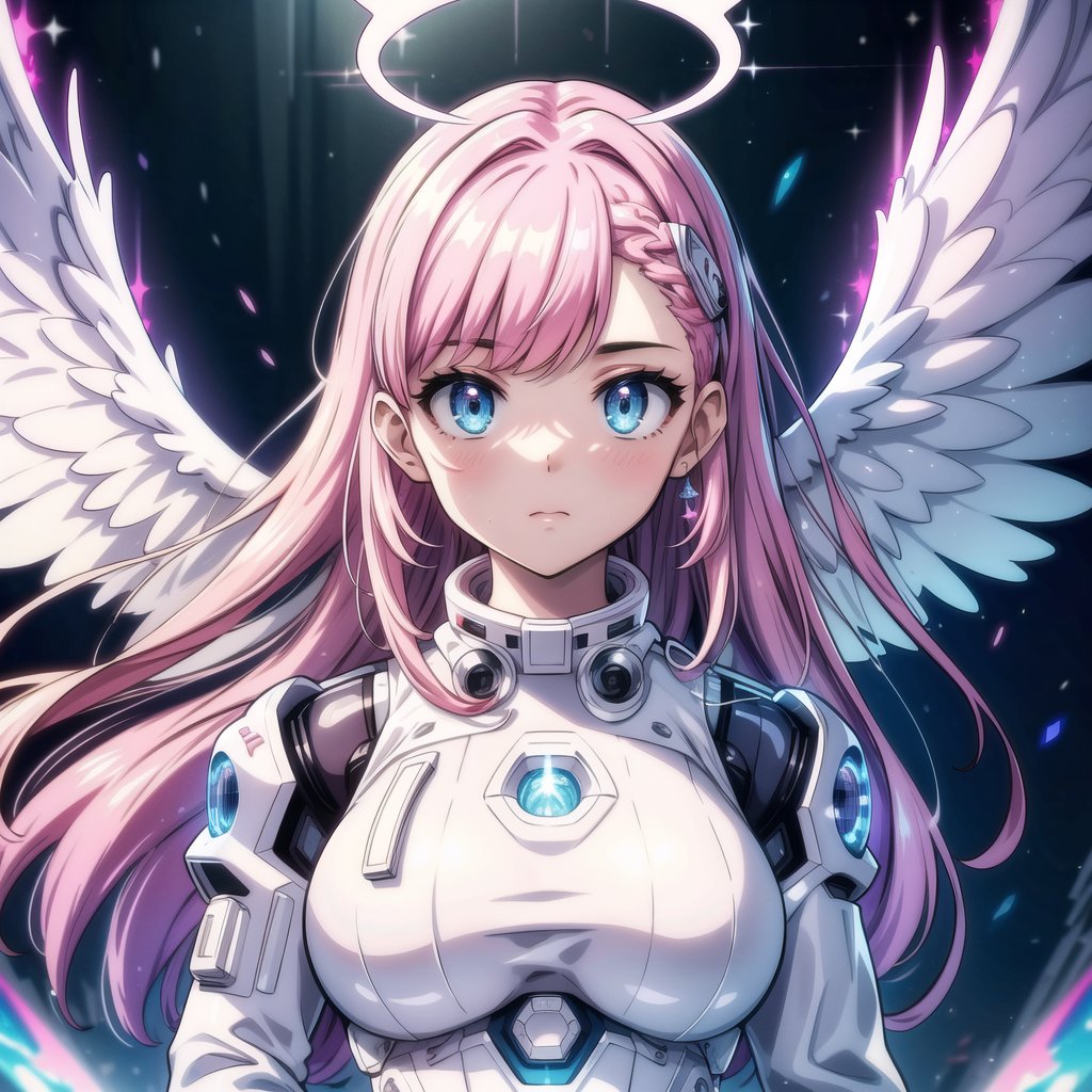 ((masterpiece, best quality, extremely detailed), volumetric lighting, ambient occlusion, colorful, glowing),

1girl, pink hair, long hair, halo, aura, sacred, godness, cyber suit, (white outfit:1.3), android, bot, angel wings,
outdoors, night, sky, clouds, moon, stars,
(cyberpunk theme), (Cyborg theme),
 
close up, upper body, cartoon,