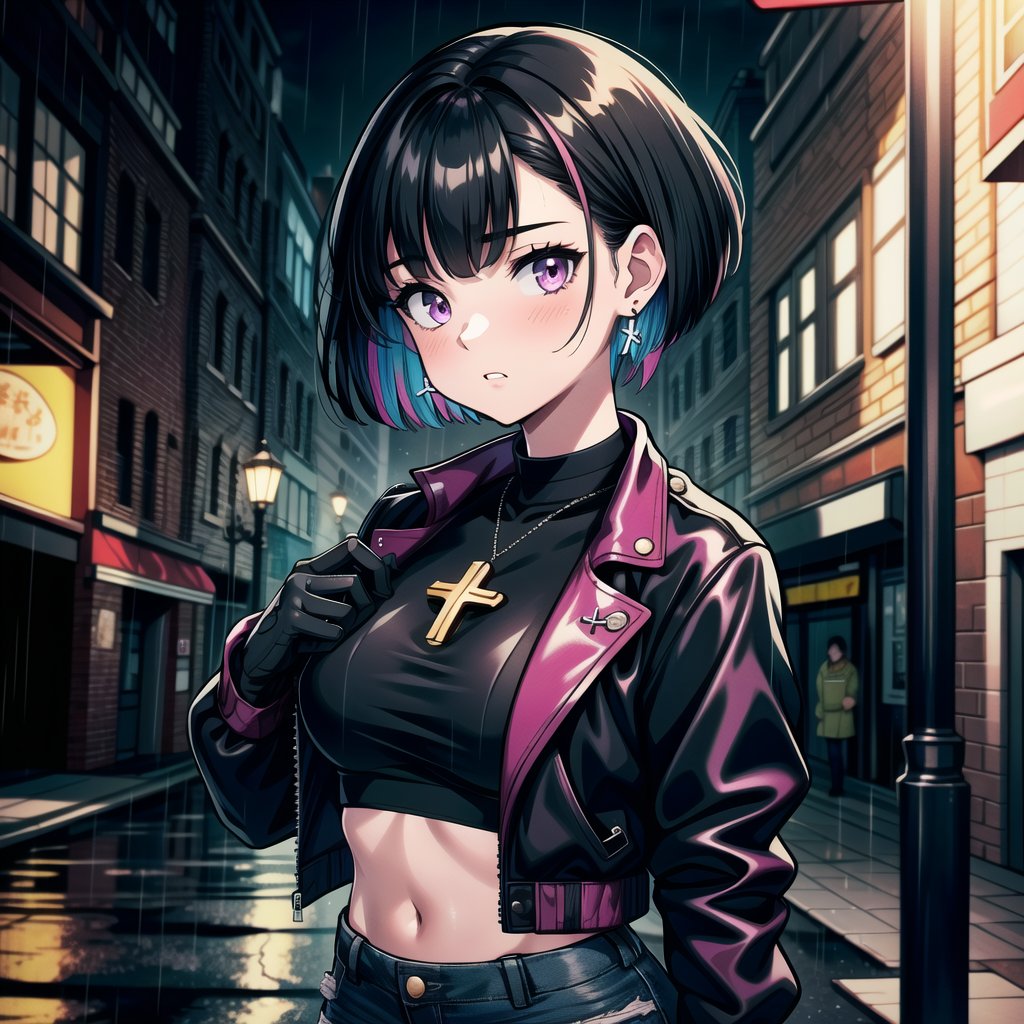 ((masterpiece, best quality, extremely detailed), volumetric lighting, ambient occlusion, colorful, glowing),

1girl, (asian girl), short hair, black hair, cross earrings, purple pop jacket, pink top, exposed waist, black jeans, black boots, gloves without fingers, outdoors, night, rain, city, (antique buildings), (punk), (dystopian city),

upper body, close up, cartoon,