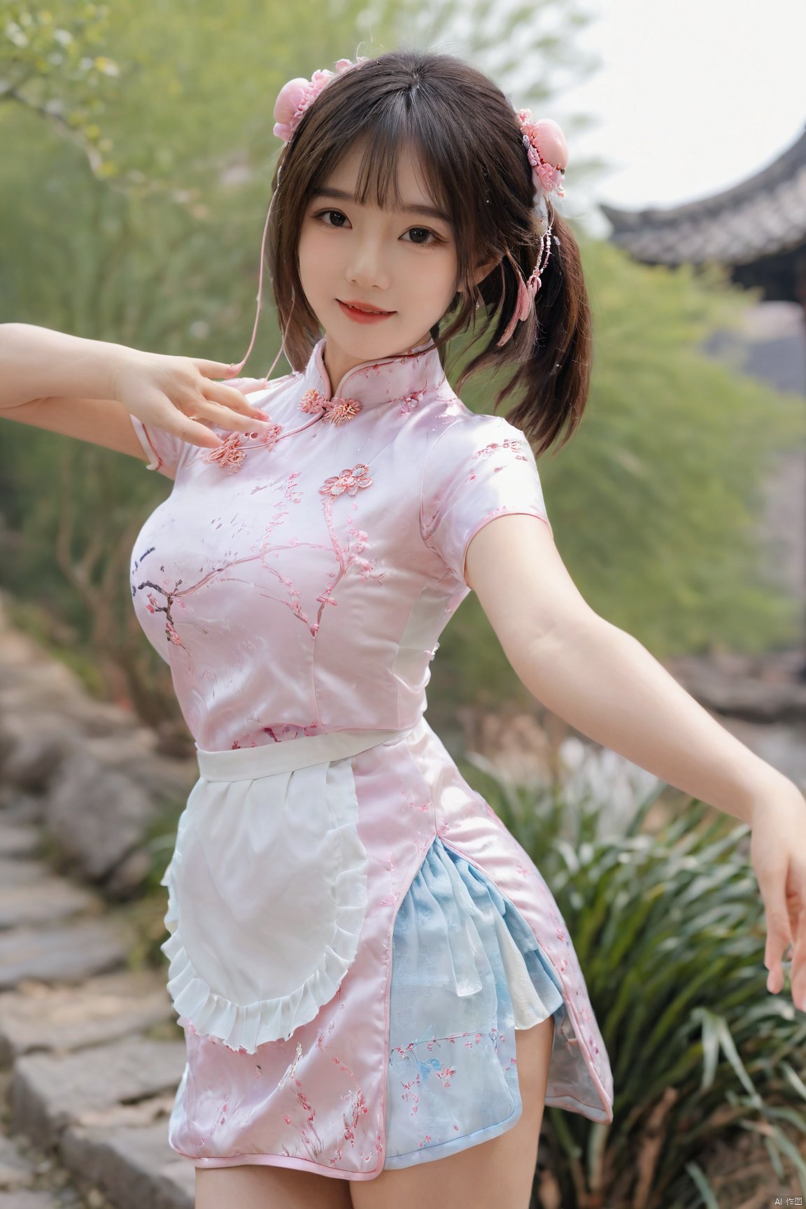  best quality, masterpiece,Depth of field,kind smile,looking_at_viewer,Dynamic pose,RAW photo,1girl,Xcheongsam,(big breasts:1.39),ping dress,