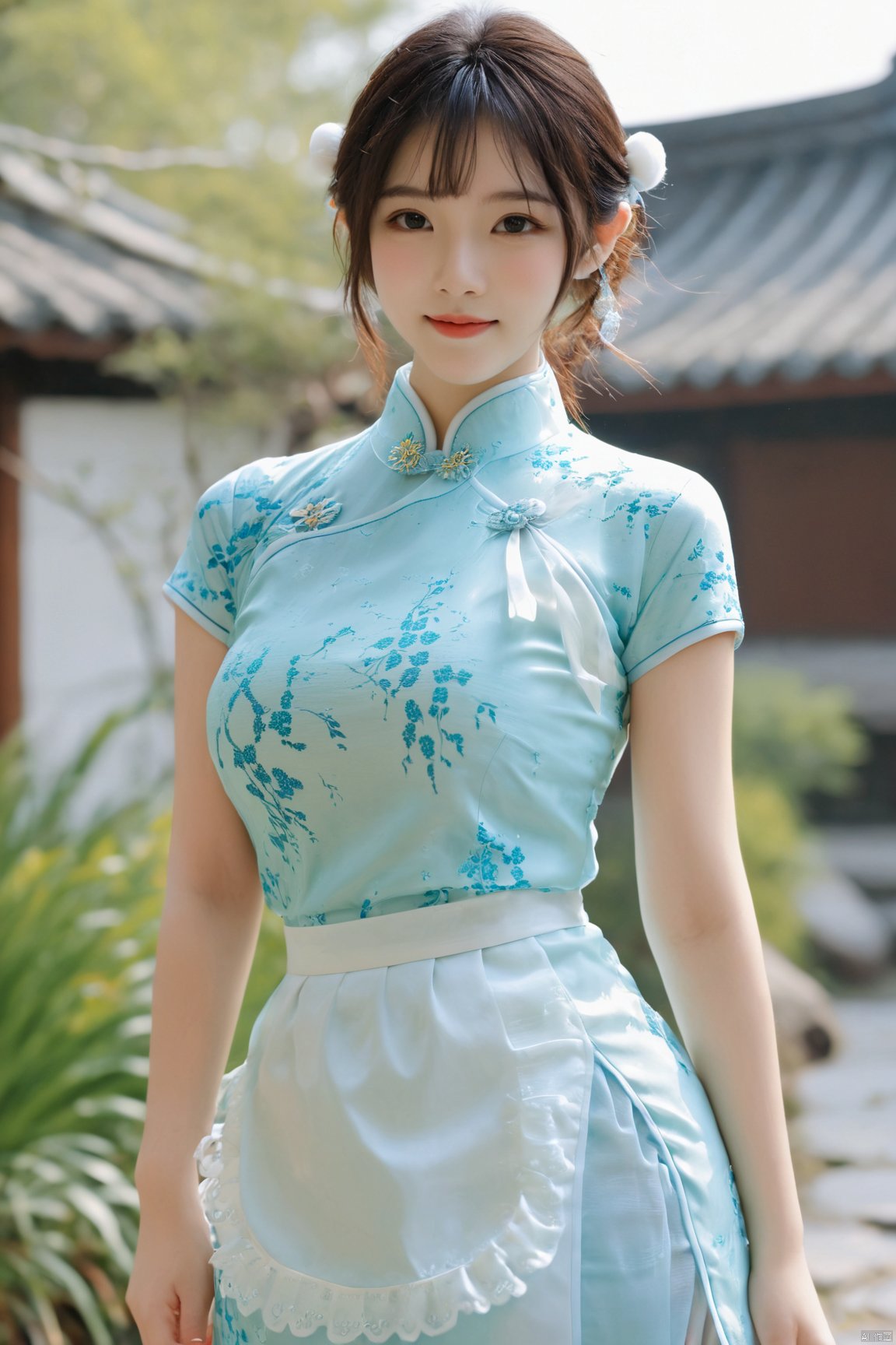  best quality, masterpiece,Depth of field,kind smile,looking_at_viewer,Dynamic pose,RAW photo,1girl,Xcheongsam,(big breasts:1.39),ping dress,