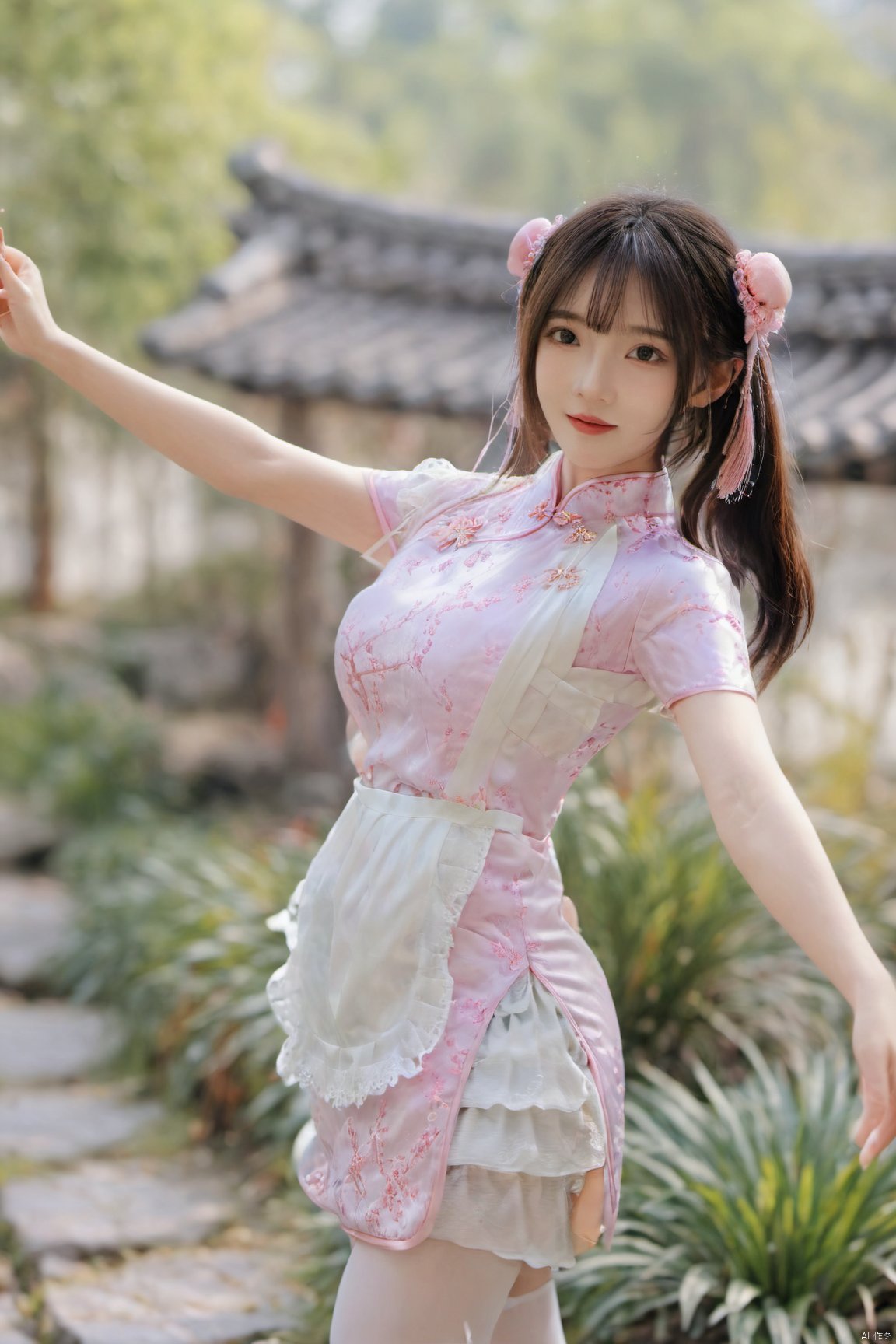  best quality, masterpiece,Depth of field,kind smile,looking_at_viewer,Dynamic pose,RAW photo,1girl,Xcheongsam,(big breasts:1.39),ping dress,