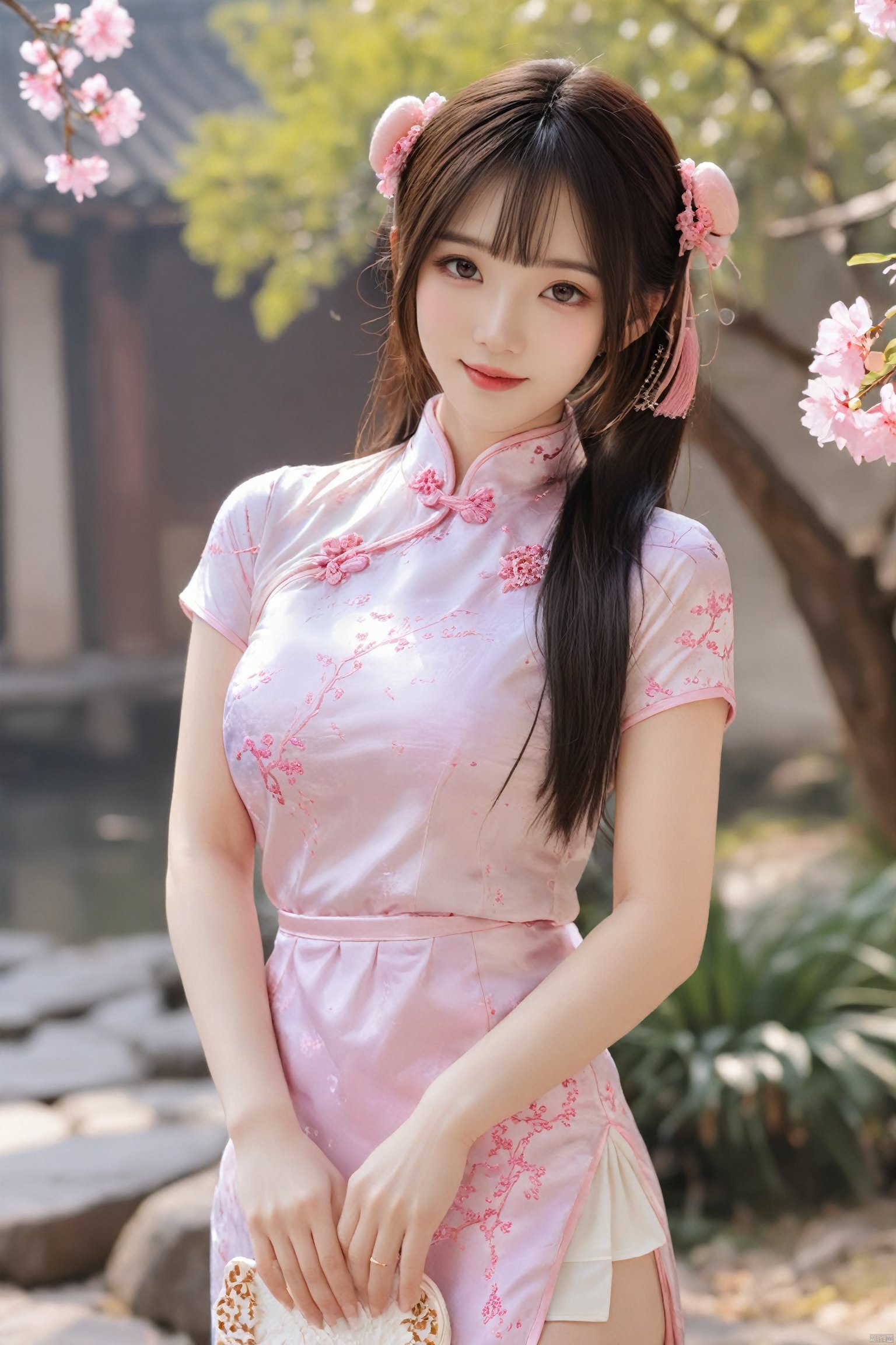  best quality, masterpiece,Depth of field,kind smile,looking_at_viewer,Dynamic pose,RAW photo,1girl,Xcheongsam,(big breasts:1.39),ping dress,