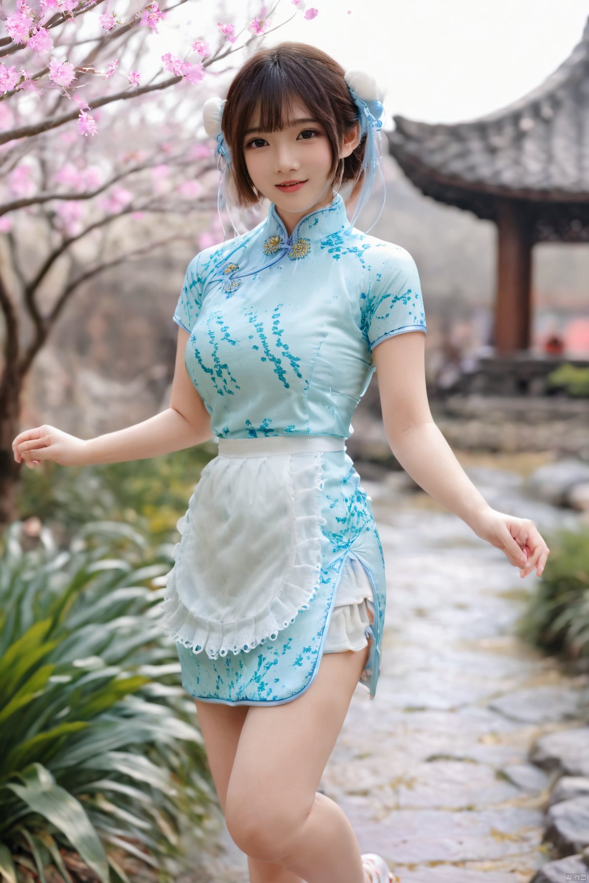  best quality, masterpiece,Depth of field,kind smile,looking_at_viewer,Dynamic pose,RAW photo,1girl,Xcheongsam,(big breasts:1.39),ping dress,