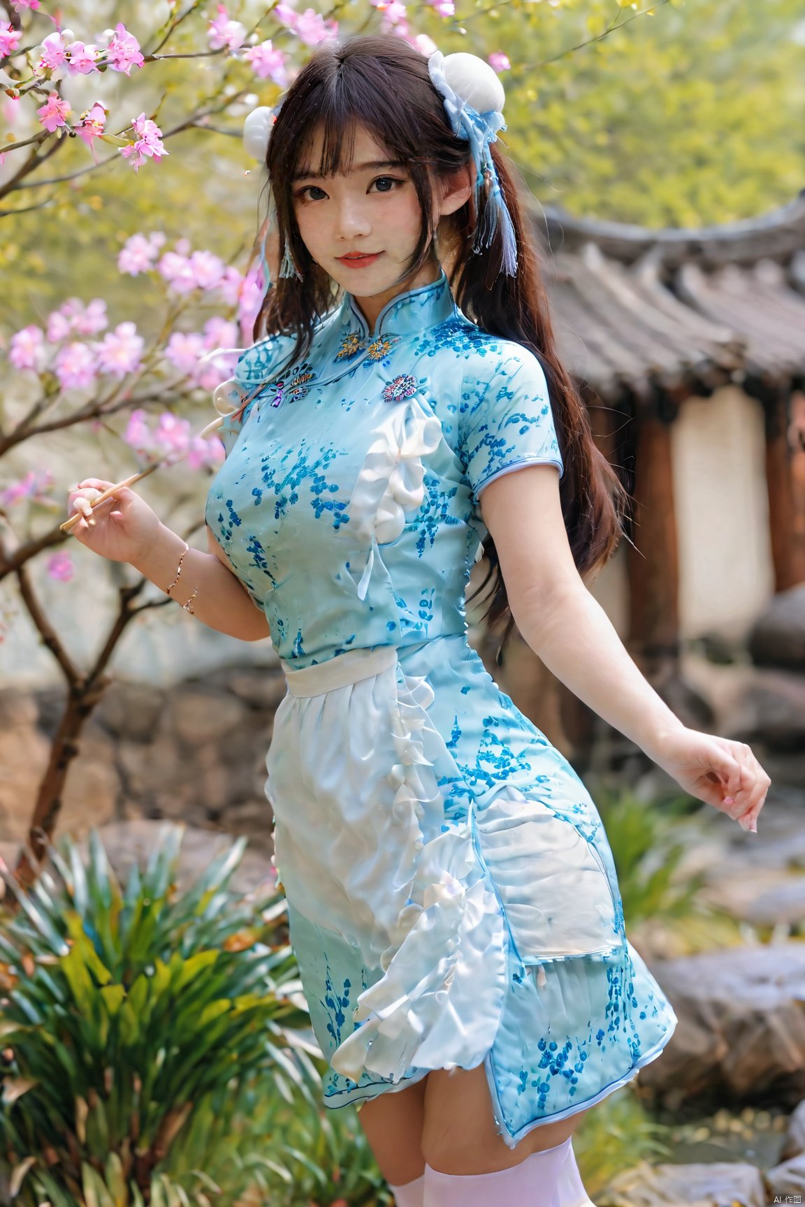  best quality, masterpiece,Depth of field,kind smile,looking_at_viewer,Dynamic pose,RAW photo,1girl,Xcheongsam,(big breasts:1.39),ping dress,