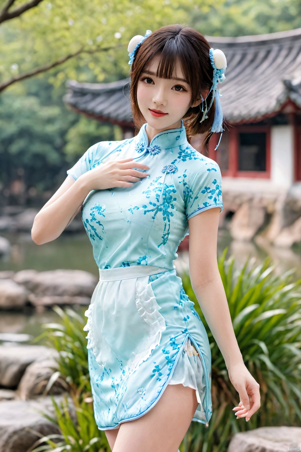  best quality, masterpiece,Depth of field,kind smile,looking_at_viewer,Dynamic pose,RAW photo,1girl,Xcheongsam,(big breasts:1.39),ping dress,